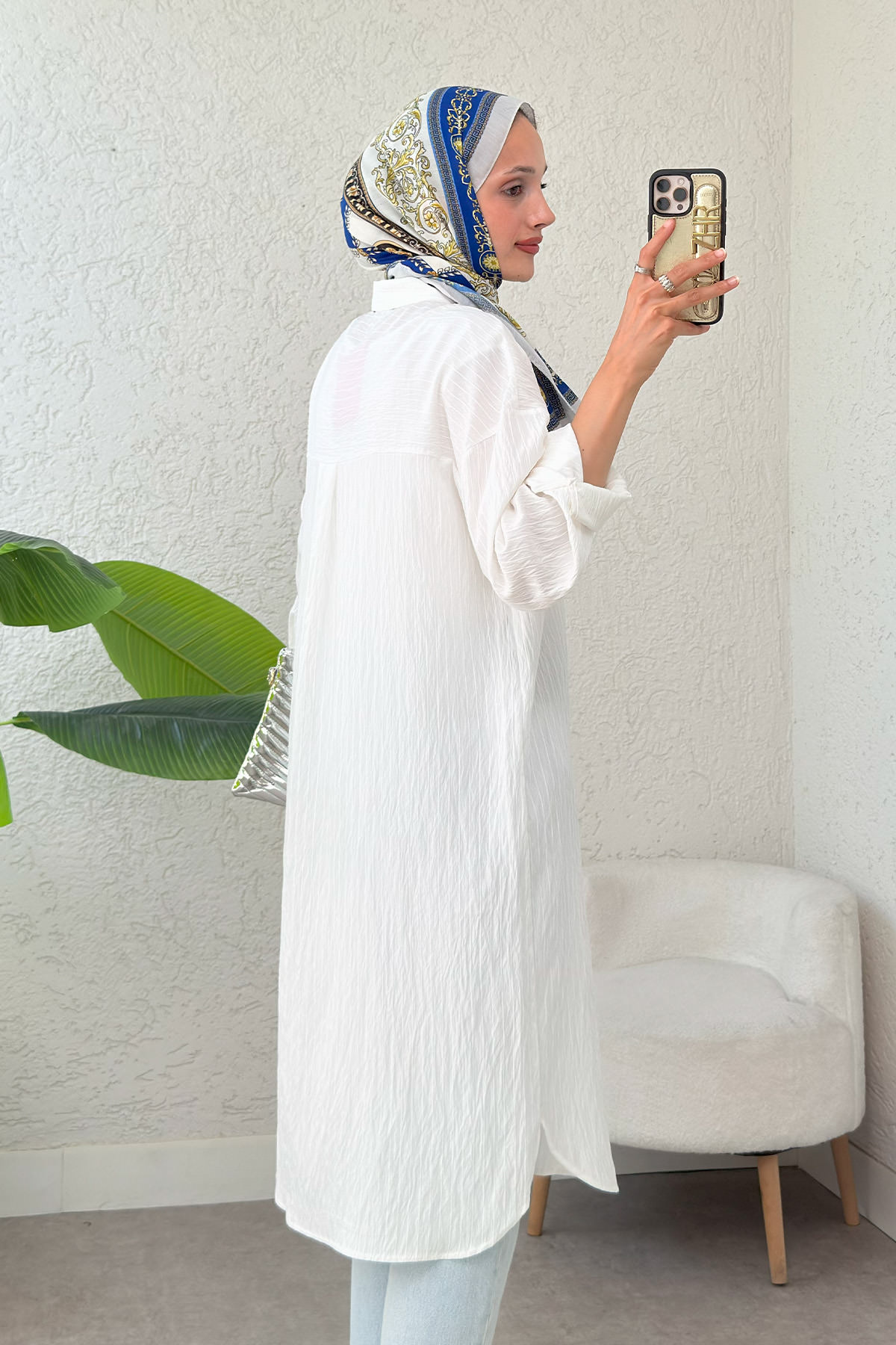 Çizgili Uzun Tesettür Tunik 613129 - BEYAZ |  