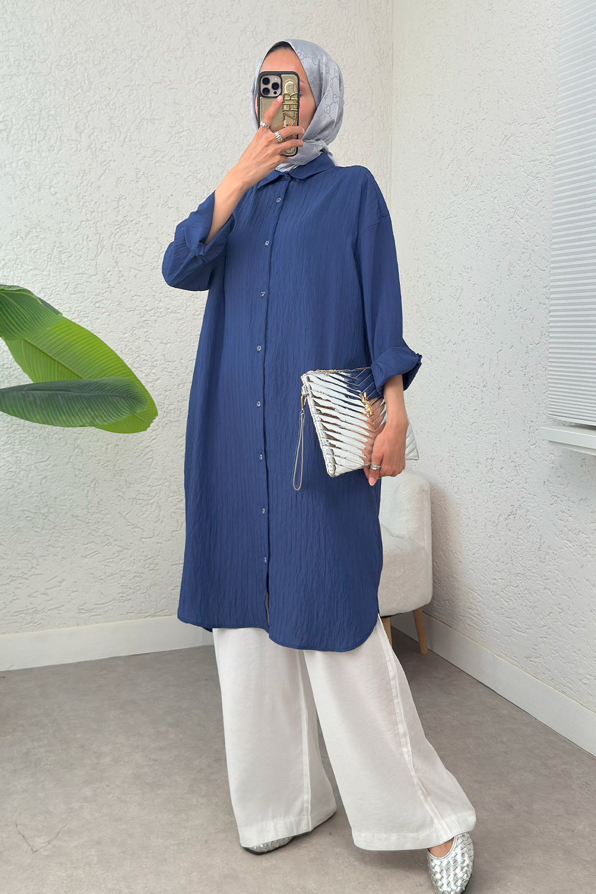Çizgili Uzun Tesettür Tunik 613129 - LACİVERT |  