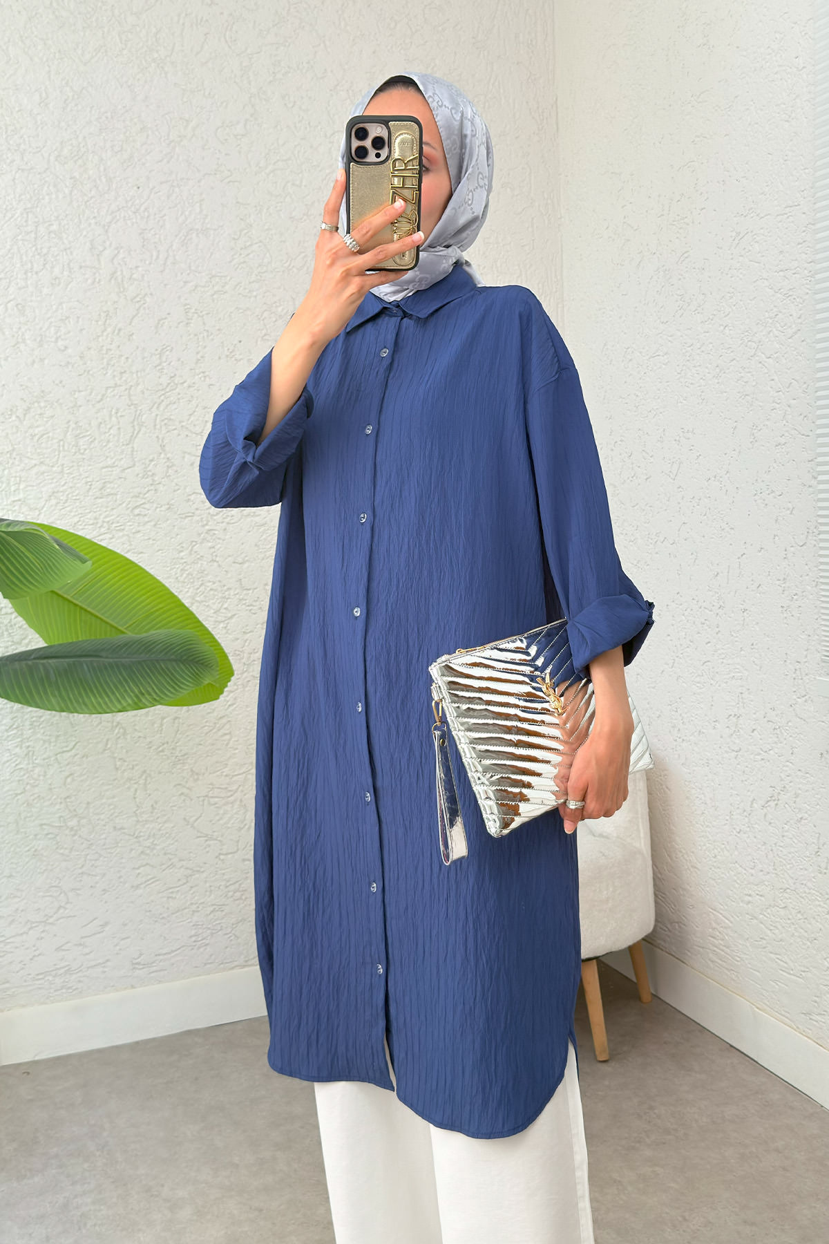 Çizgili Uzun Tesettür Tunik 613129 - LACİVERT |  