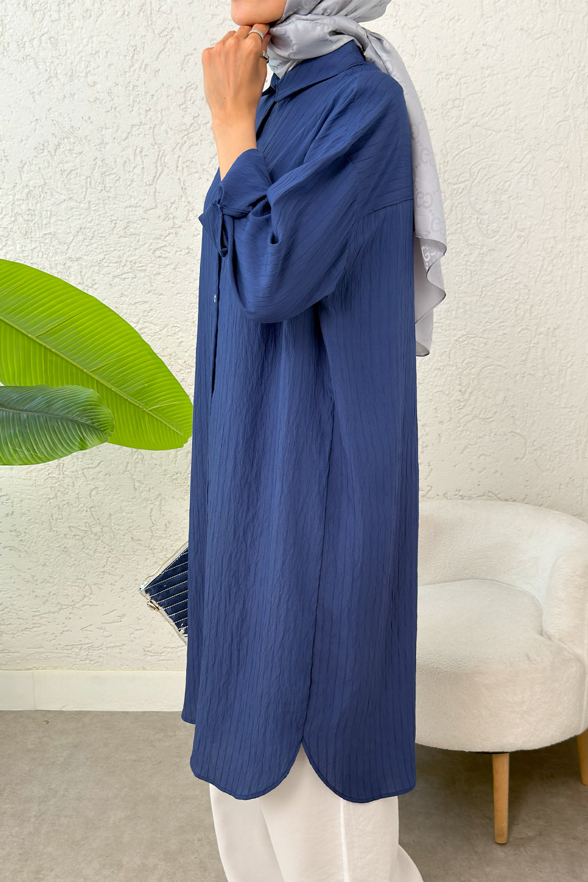 Çizgili Uzun Tesettür Tunik 613129 - LACİVERT |  