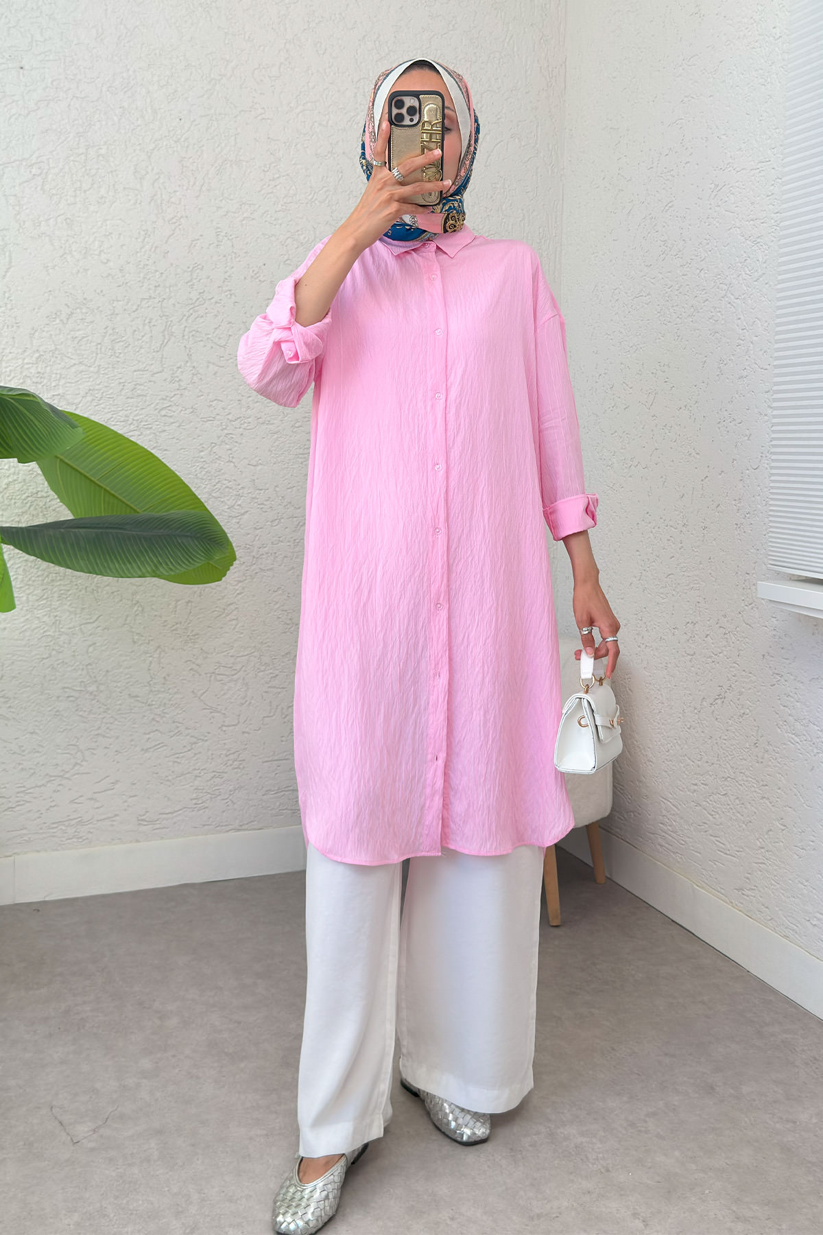 Çizgili Uzun Tesettür Tunik 613129 - PEMBE |  