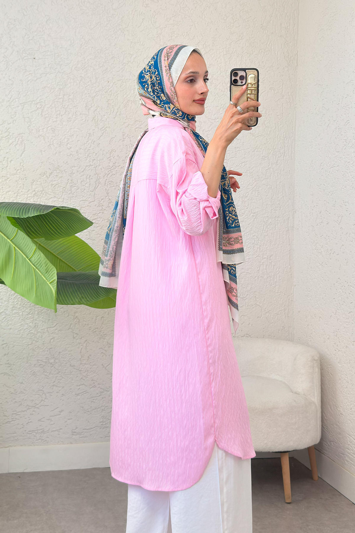 Çizgili Uzun Tesettür Tunik 613129 - PEMBE |  