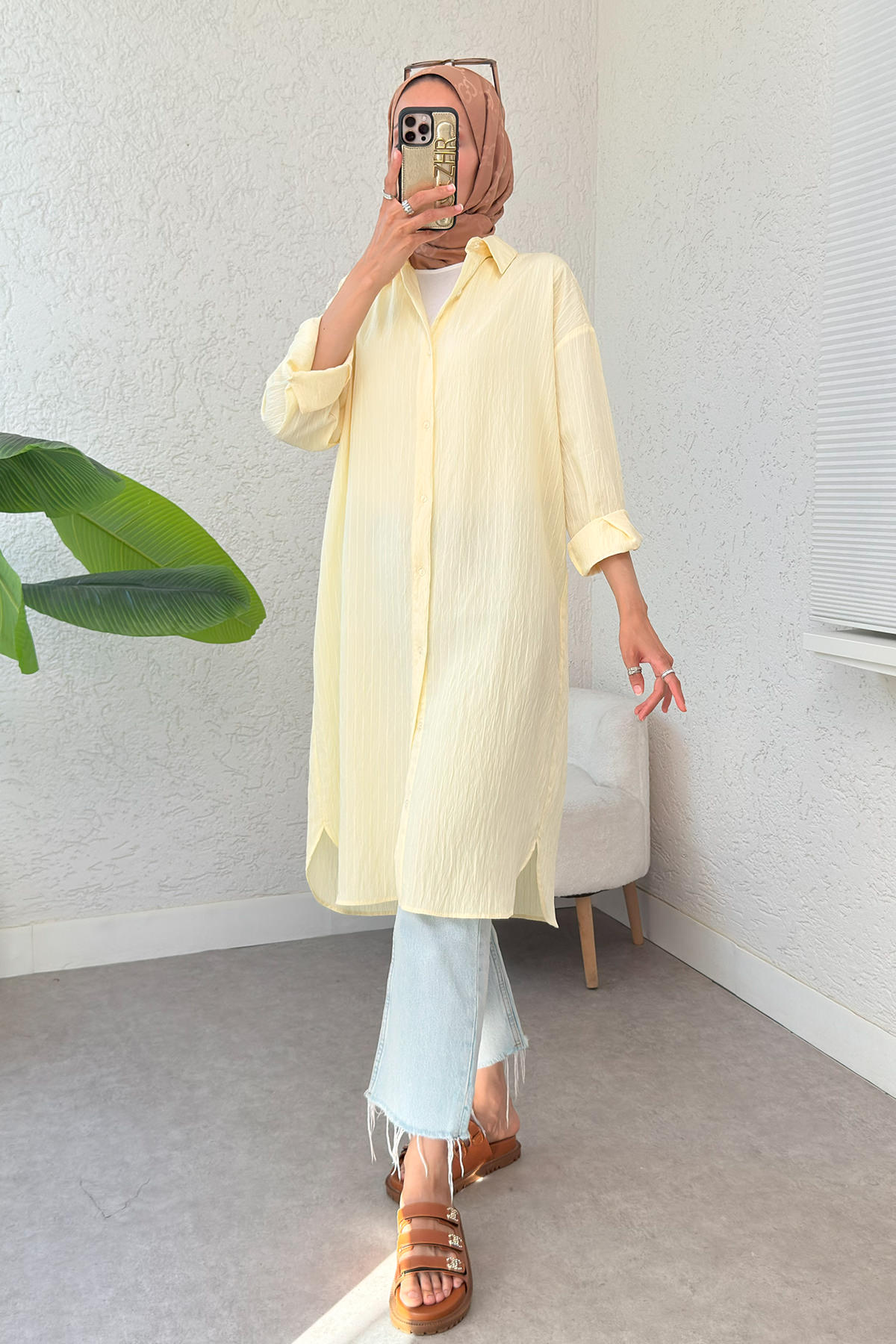 Çizgili Uzun Tesettür Tunik 613129 - SARI |  