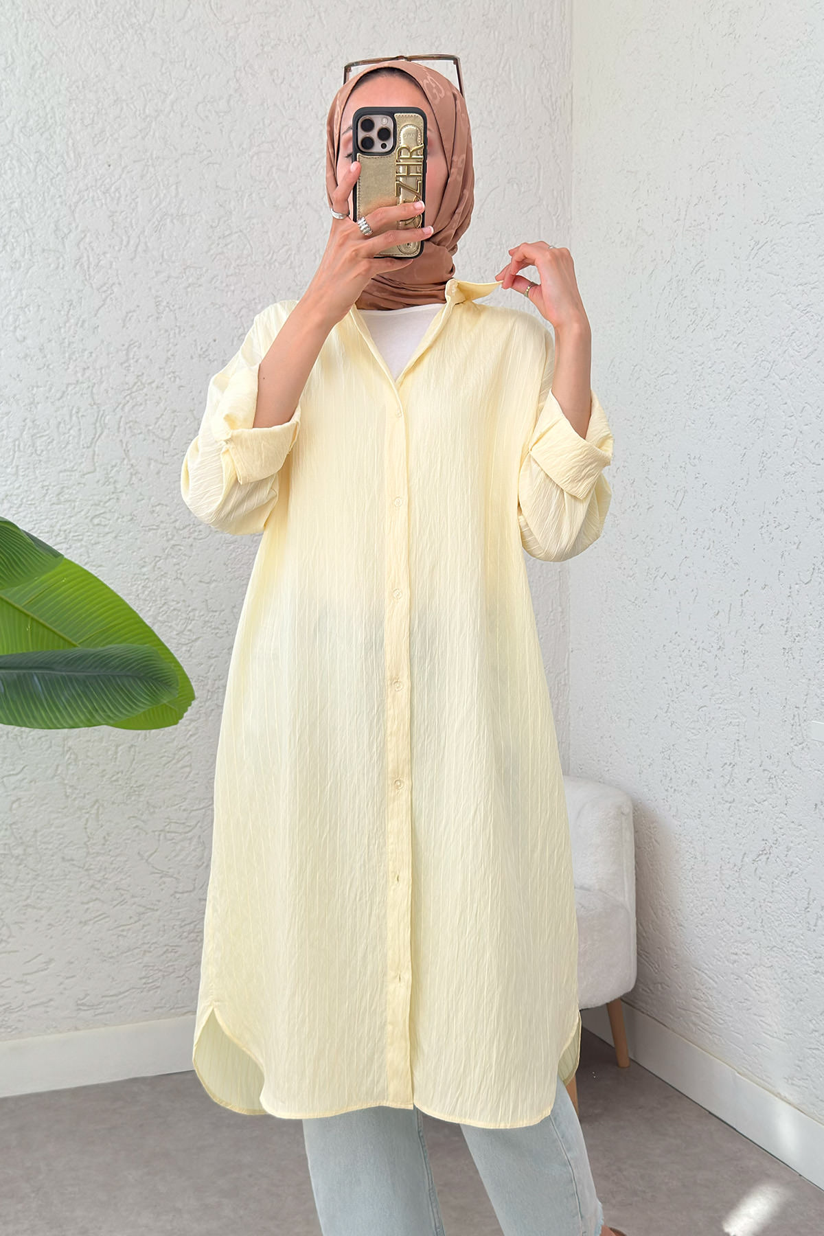 Çizgili Uzun Tesettür Tunik 613129 - SARI |  