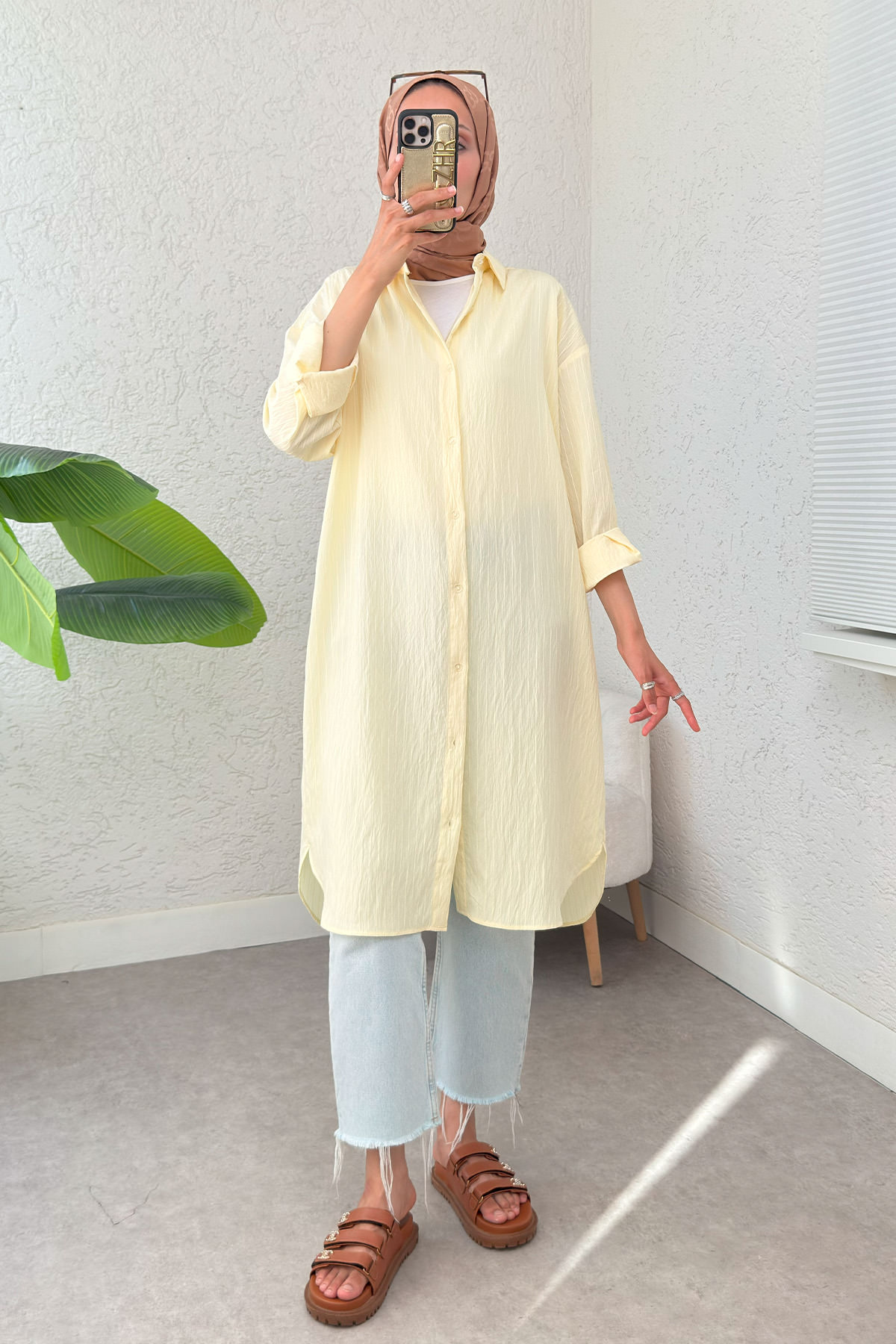 Çizgili Uzun Tesettür Tunik 613129 - SARI |  