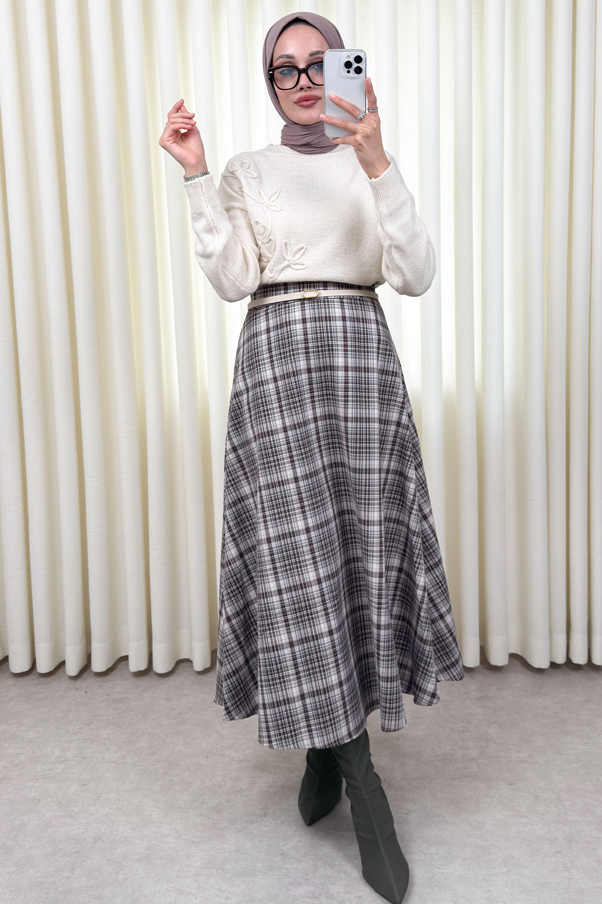 Ekose Desenli Etek 2261 - HAKİ |  