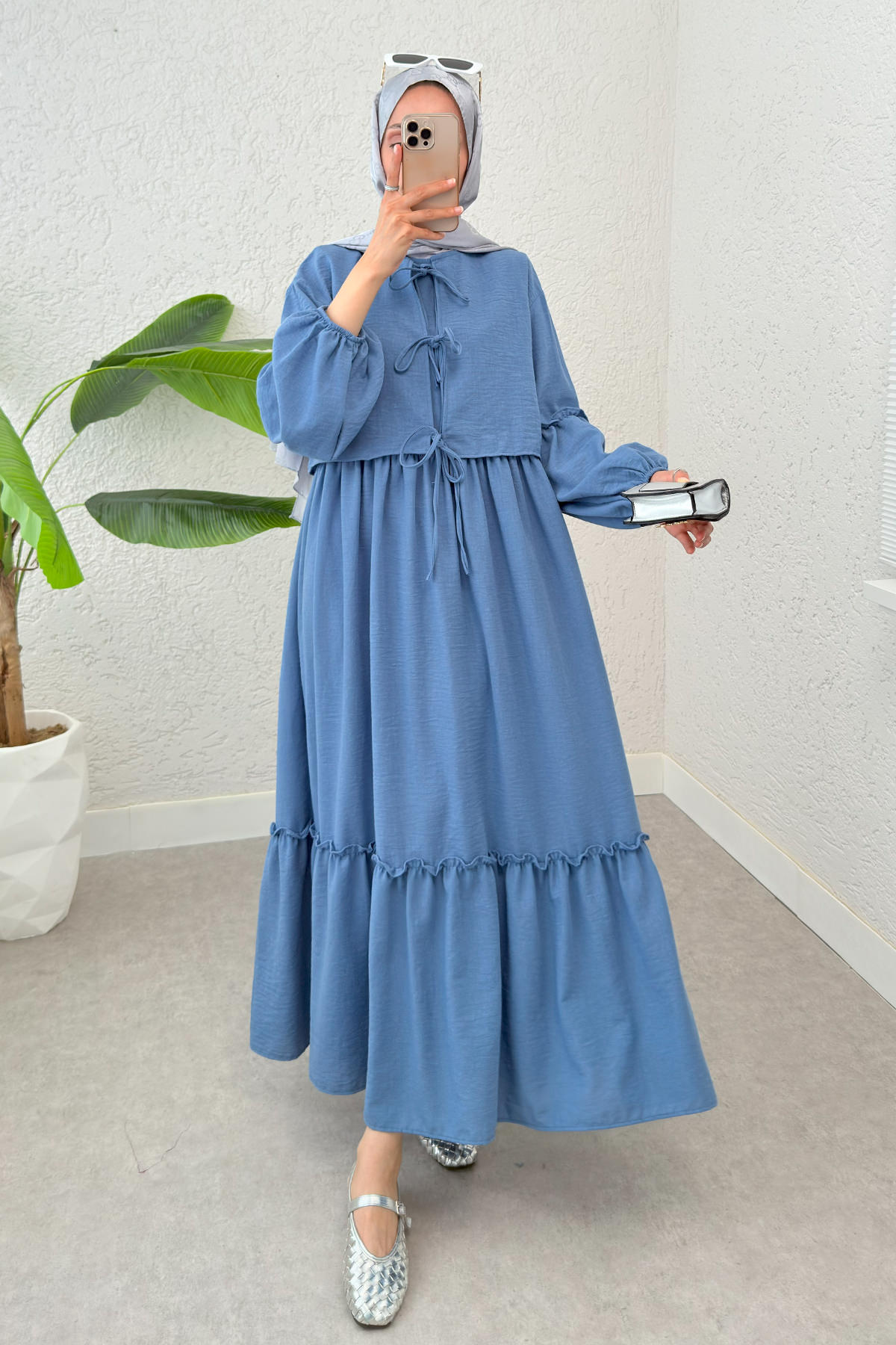 Balon Kol Bolerolu Elbise Takım 2271 - MAVİ |  