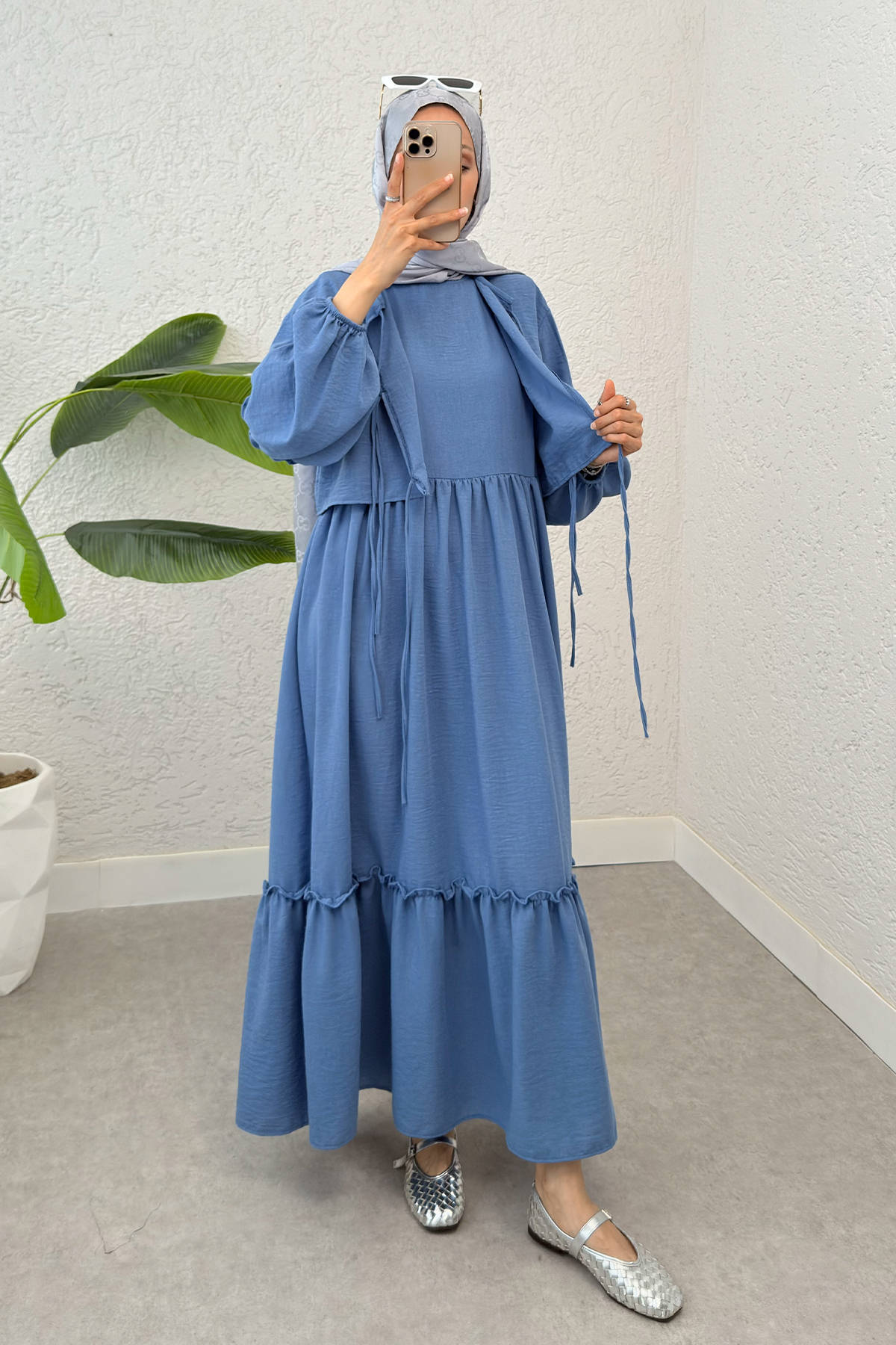 Balon Kol Bolerolu Elbise Takım 2271 - MAVİ |  