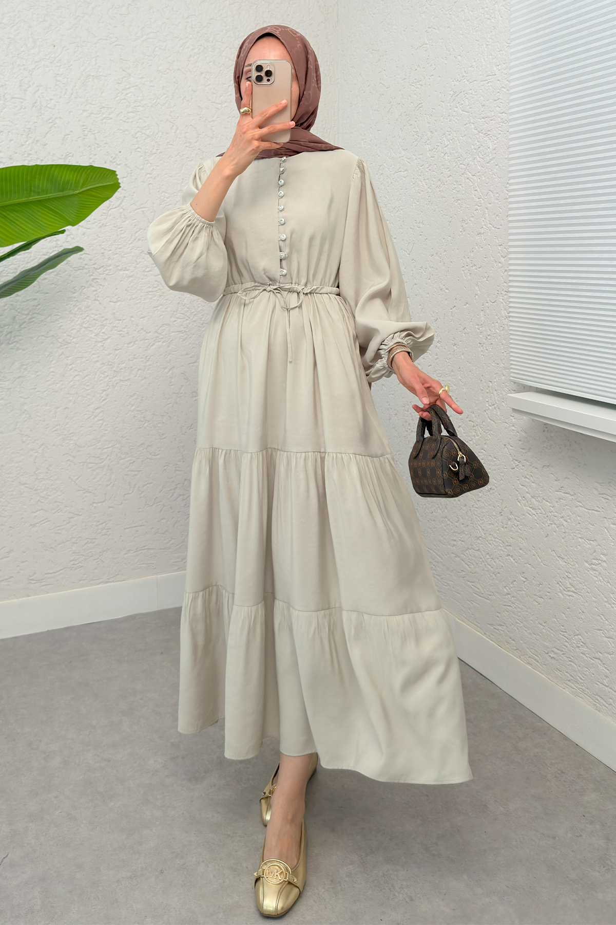 Büzgü Bağcıklı Elbise 2275 - BEJ |  