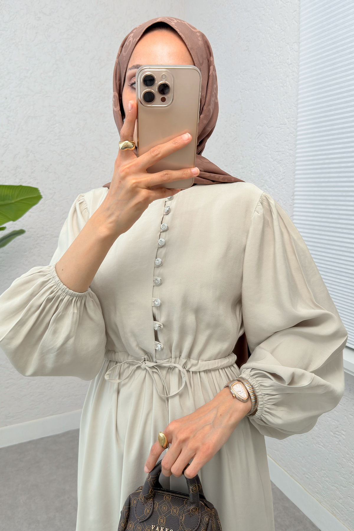 Büzgü Bağcıklı Elbise 2275 - BEJ |  