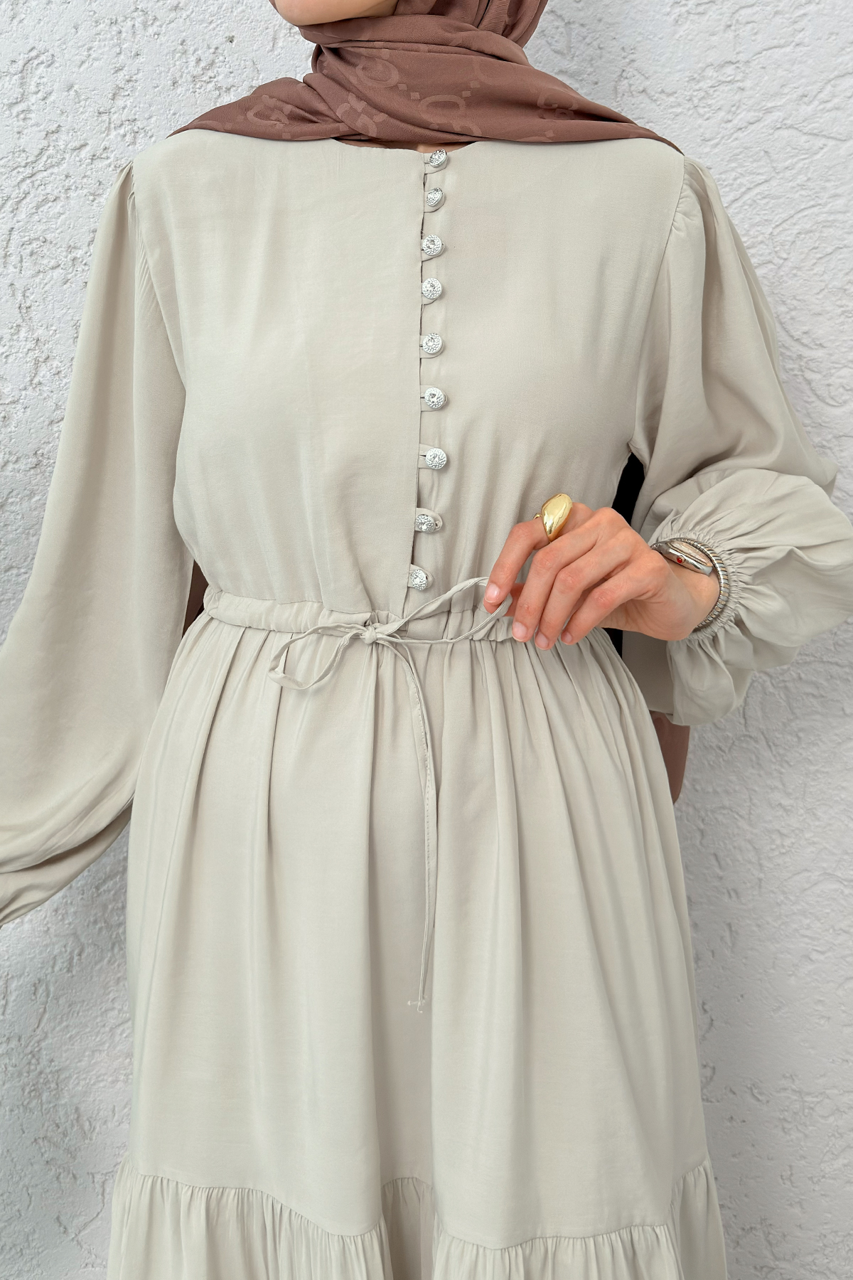 Büzgü Bağcıklı Elbise 2275 - BEJ |  