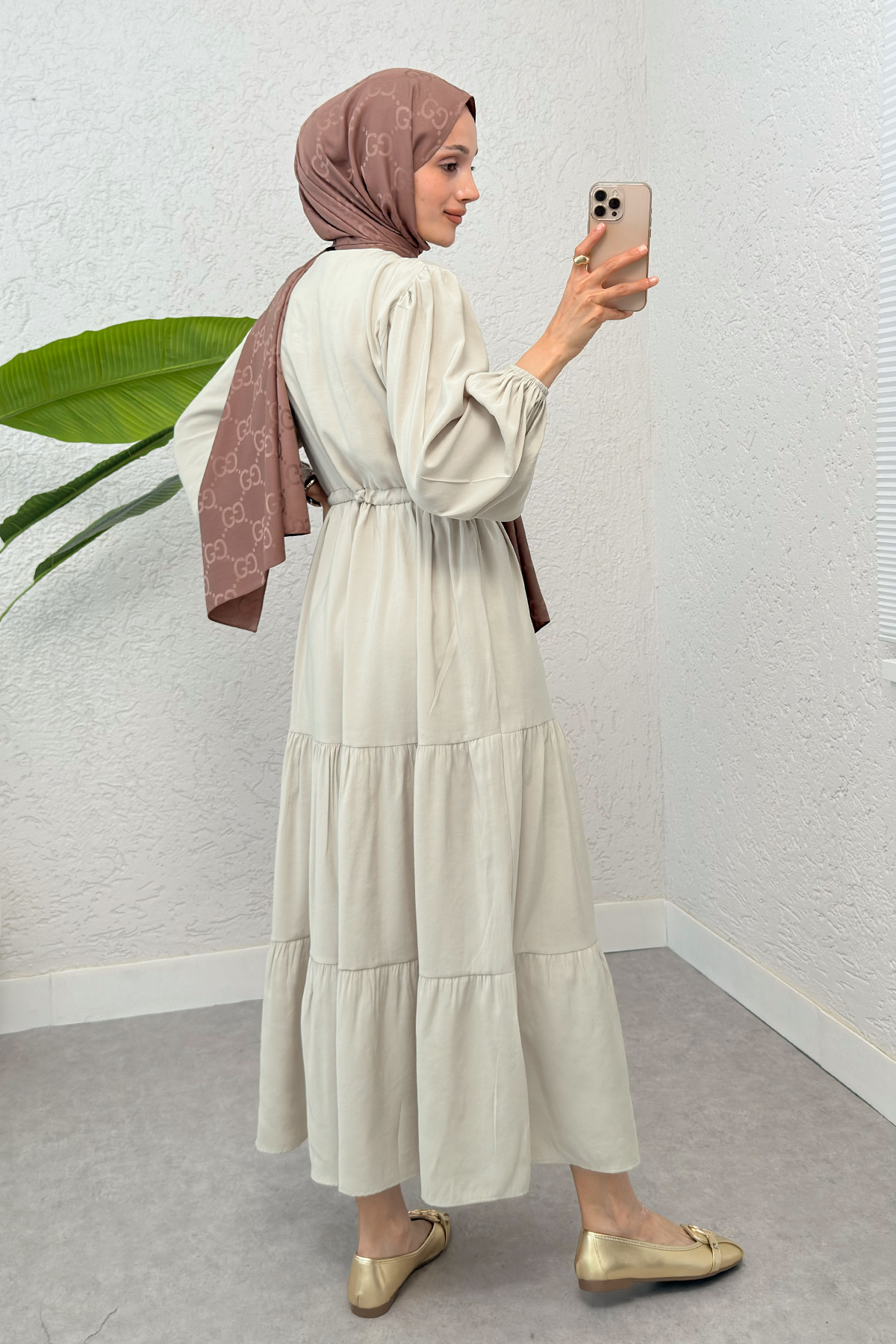 Büzgü Bağcıklı Elbise 2275 - BEJ |  