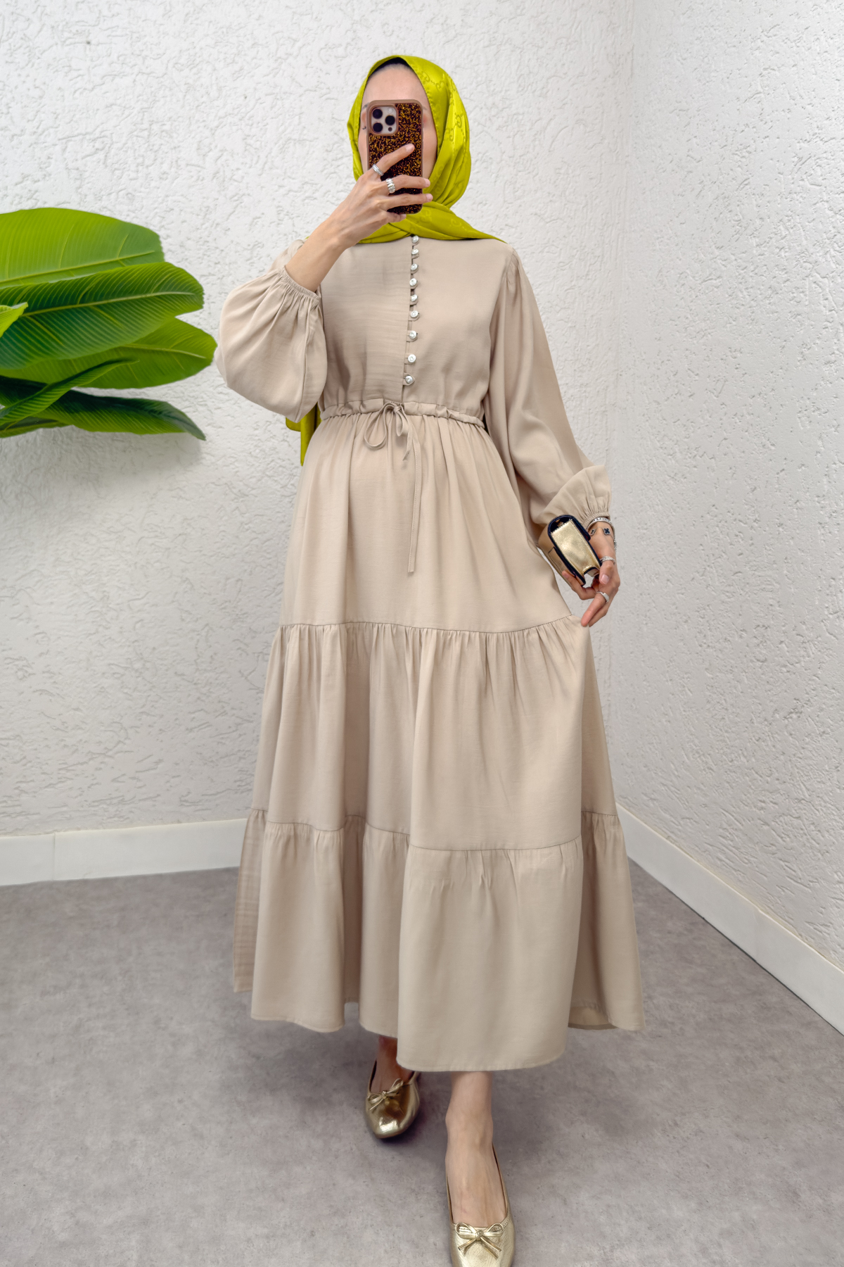 Büzgü Bağcıklı Elbise 2275 - ŞEFTALİ SARISI |  