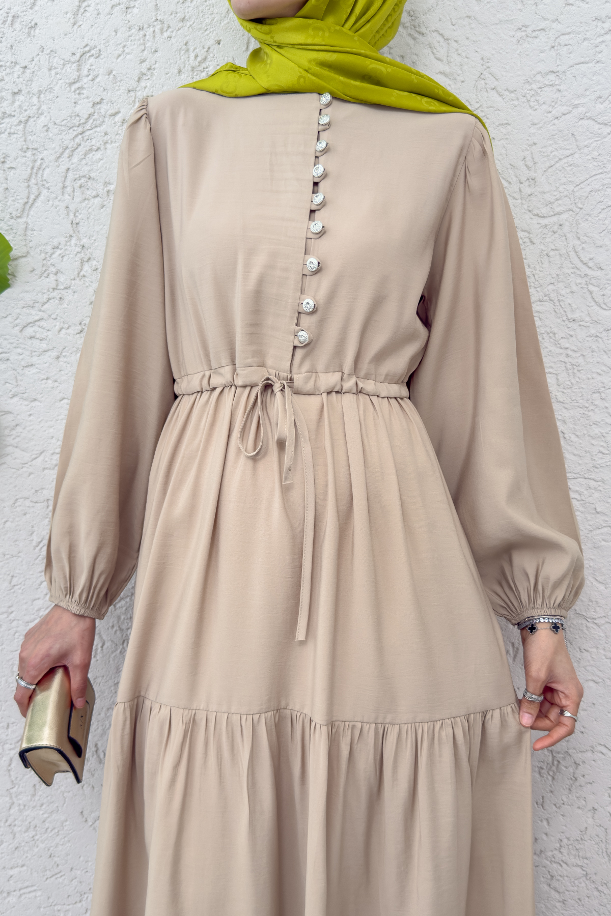 Büzgü Bağcıklı Elbise 2275 - ŞEFTALİ SARISI |  