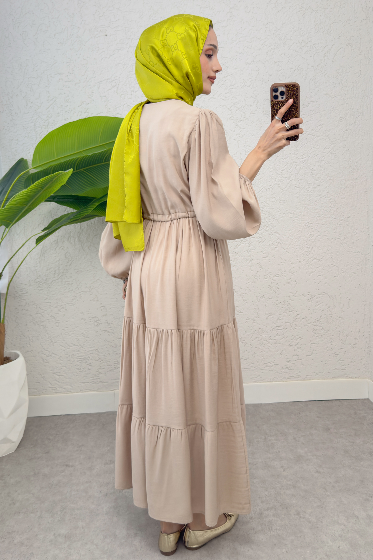 Büzgü Bağcıklı Elbise 2275 - ŞEFTALİ SARISI |  