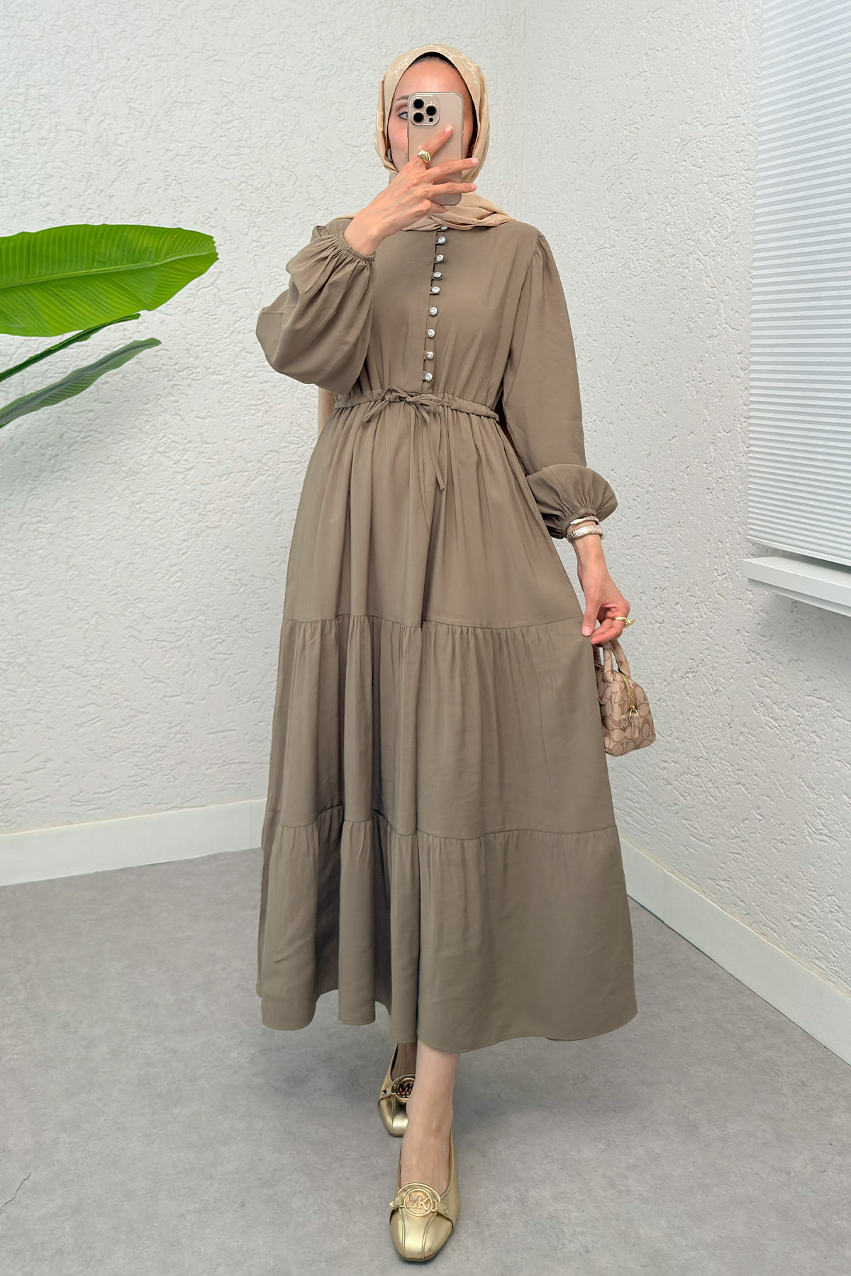 Büzgü Bağcıklı Elbise 2275 - VİZON |  