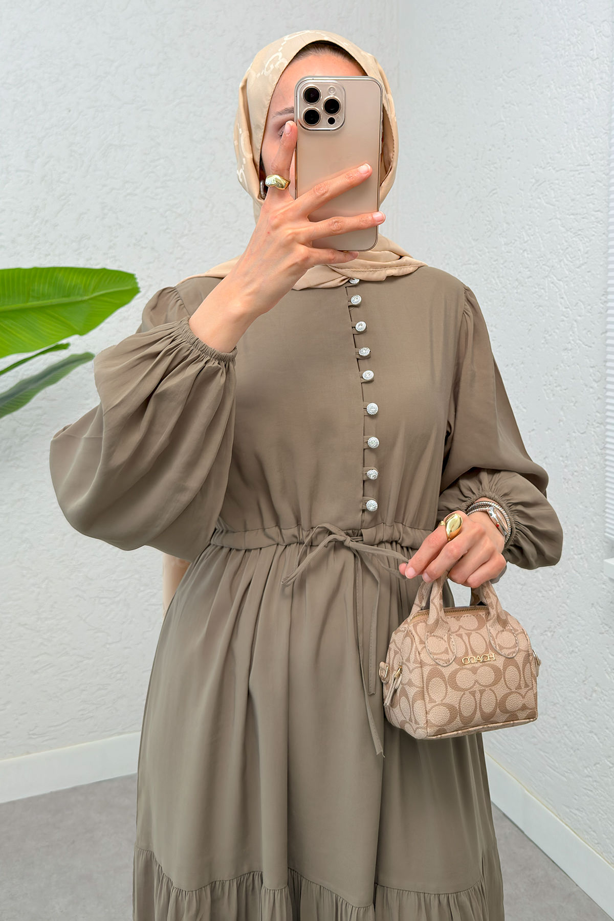 Büzgü Bağcıklı Elbise 2275 - VİZON |  