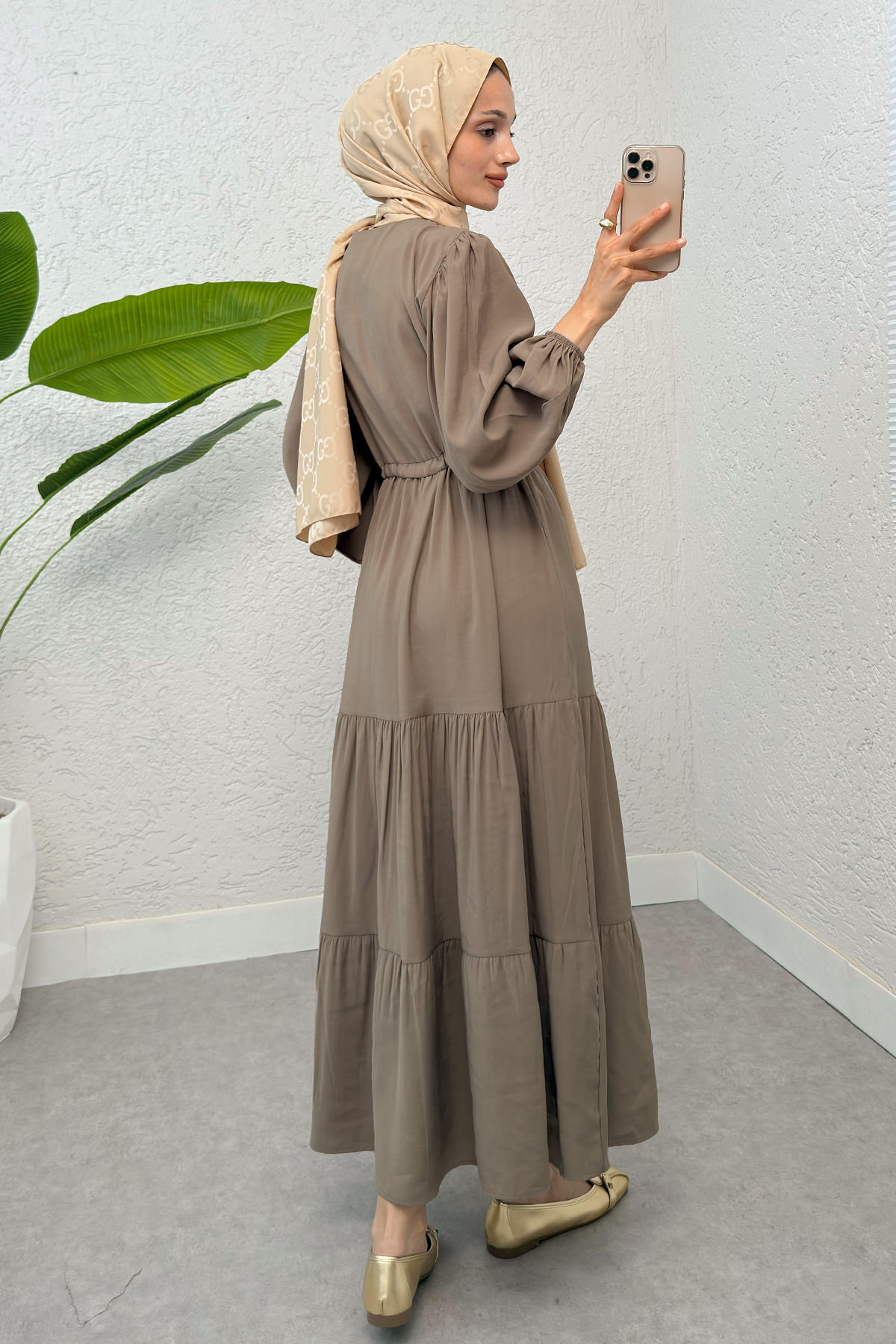 Büzgü Bağcıklı Elbise 2275 - VİZON |  