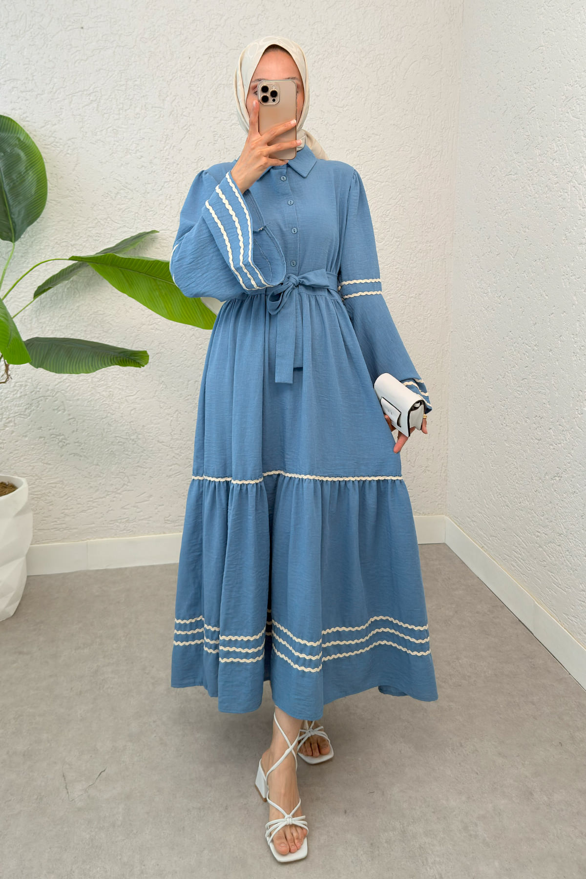 İspanyol Kol Kuşaklı Elbise 2035 - MAVİ |  