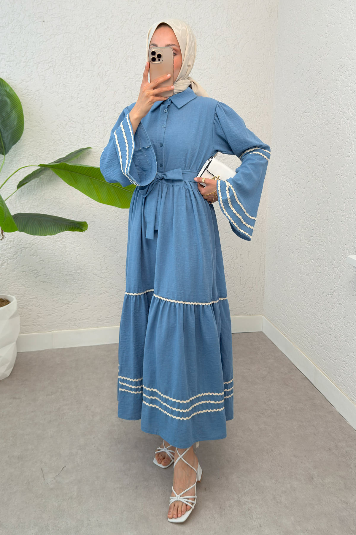 İspanyol Kol Kuşaklı Elbise 2035 - MAVİ |  