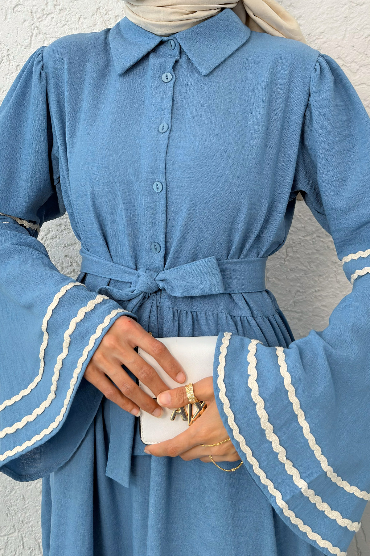 İspanyol Kol Kuşaklı Elbise 2035 - MAVİ |  