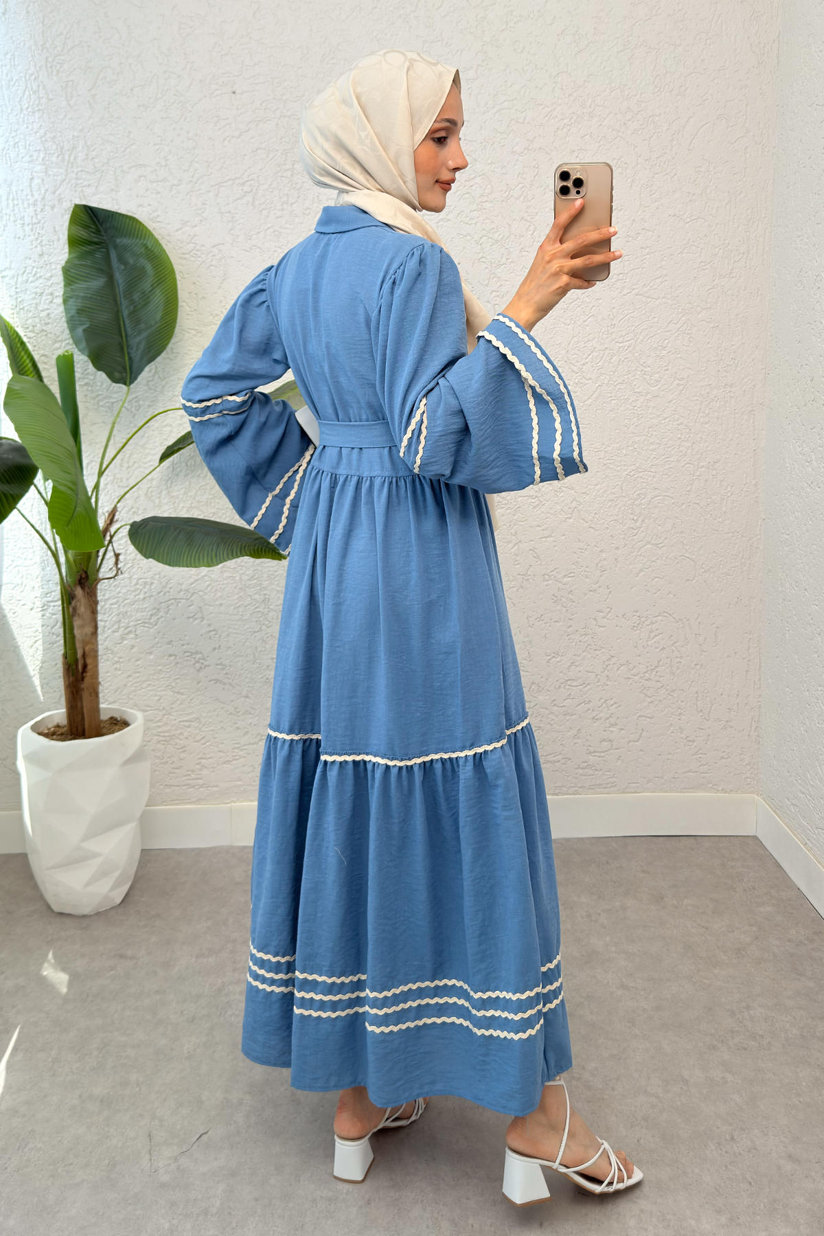 İspanyol Kol Kuşaklı Elbise 2035 - MAVİ |  
