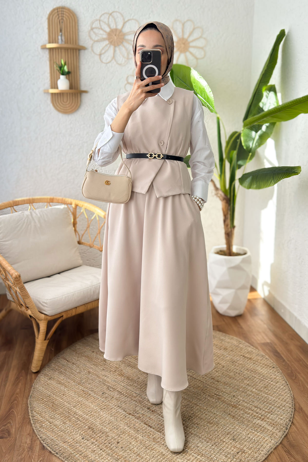 Kemerli Yelek Etek Takım 24123 - TAŞ RENGİ |  