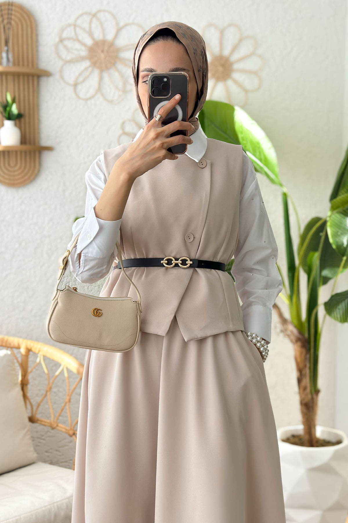 Kemerli Yelek Etek Takım 24123 - TAŞ RENGİ |  