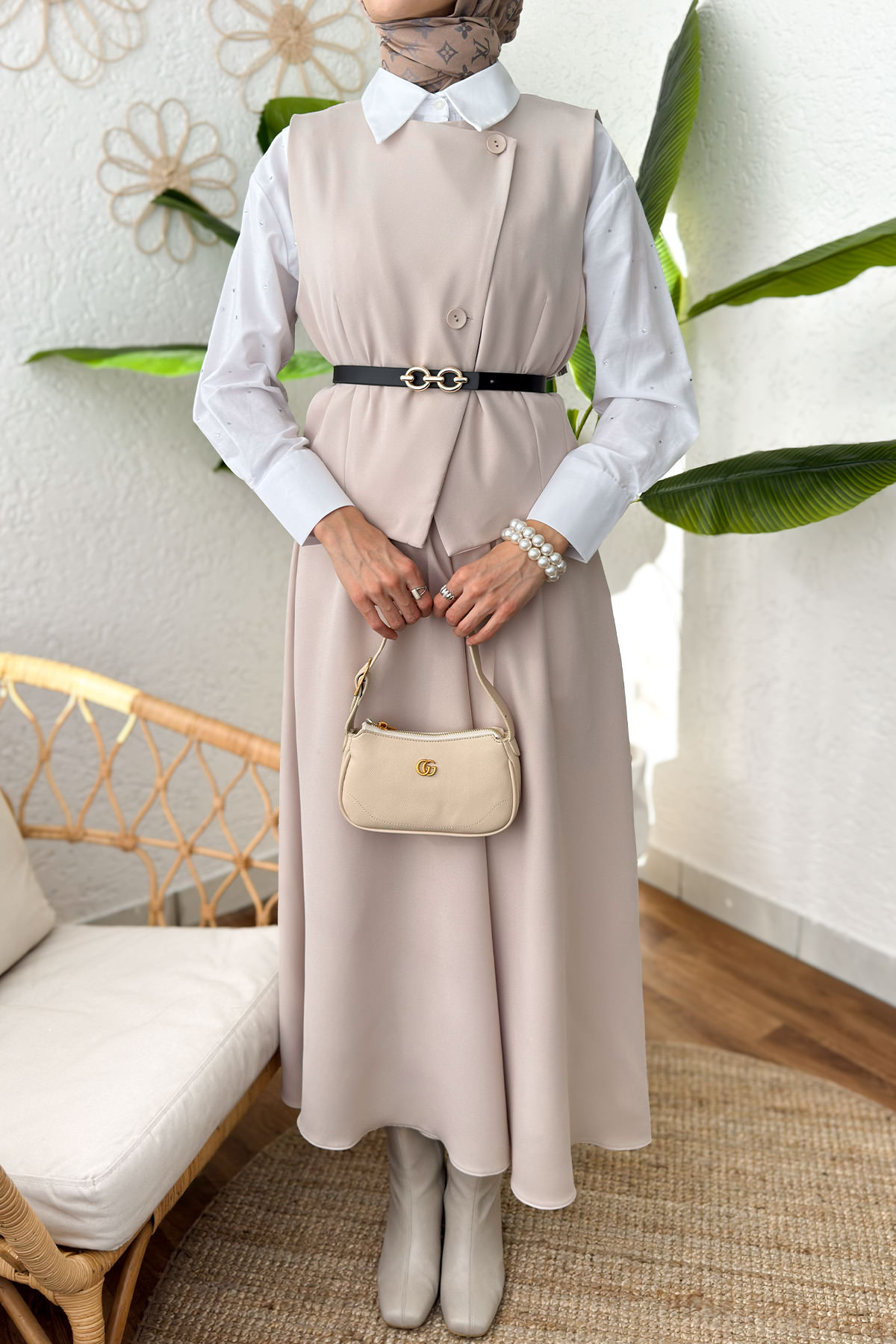 Kemerli Yelek Etek Takım 24123 - TAŞ RENGİ |  