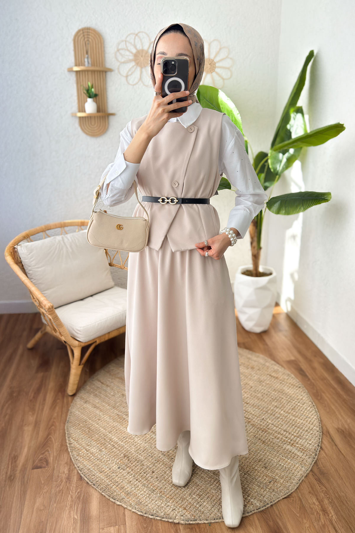 Kemerli Yelek Etek Takım 24123 - TAŞ RENGİ |  