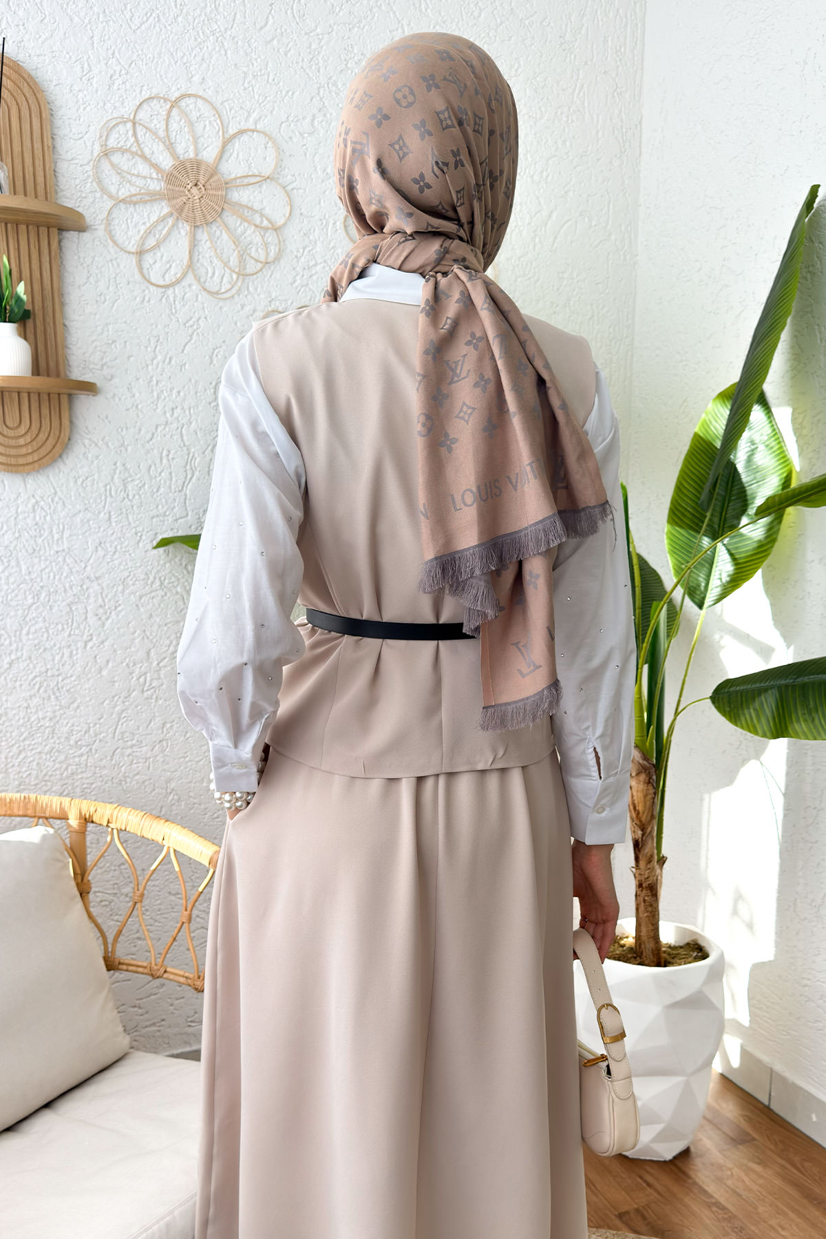 Kemerli Yelek Etek Takım 24123 - TAŞ RENGİ |  