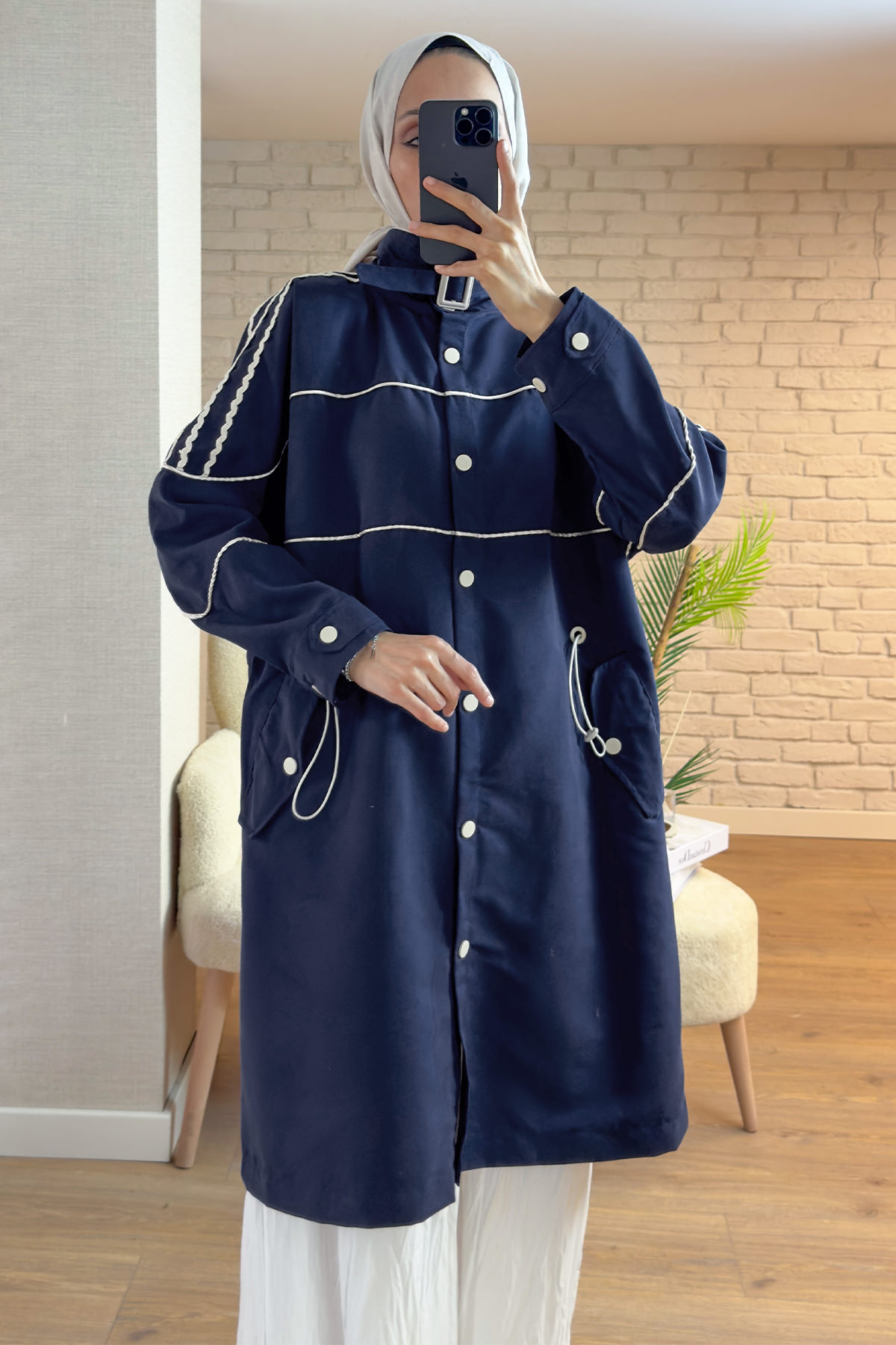 2163 Beli Lastik Büzgülü Trençkot - LACİVERT |  