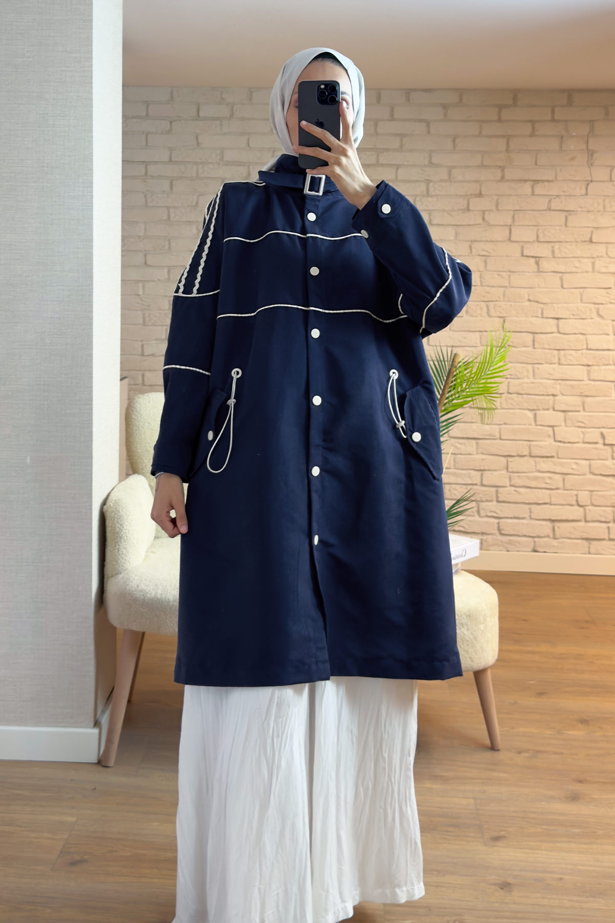 2163 Beli Lastik Büzgülü Trençkot - LACİVERT |  