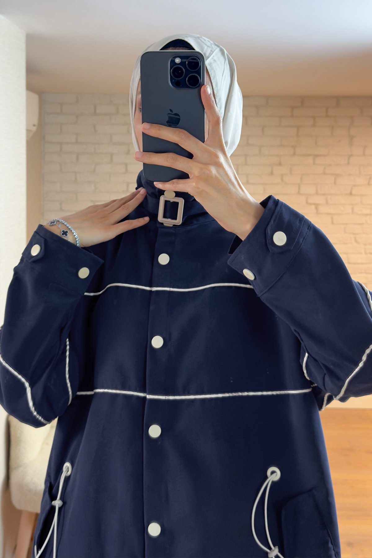 2163 Beli Lastik Büzgülü Trençkot - LACİVERT |  