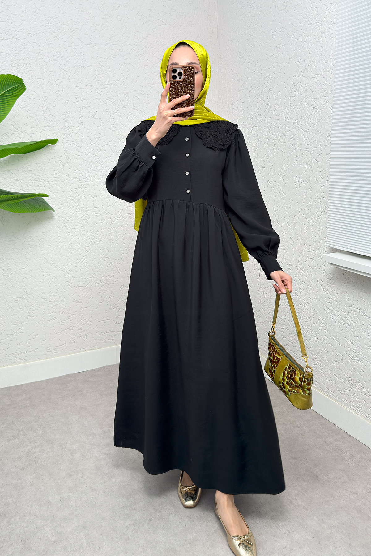 Dantel Yaka Modal Elbise 2258 - SİYAH |  