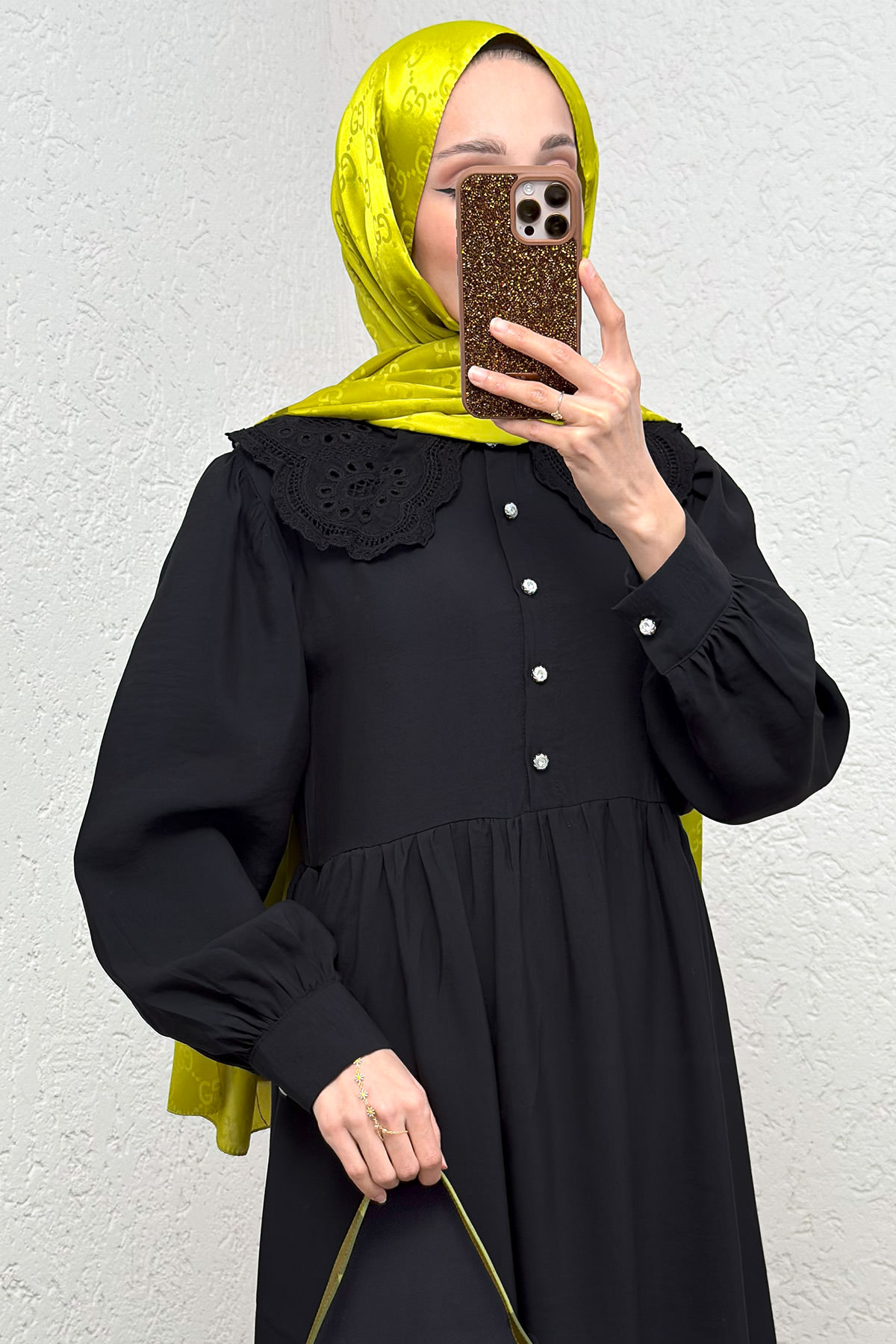 Dantel Yaka Modal Elbise 2258 - SİYAH |  