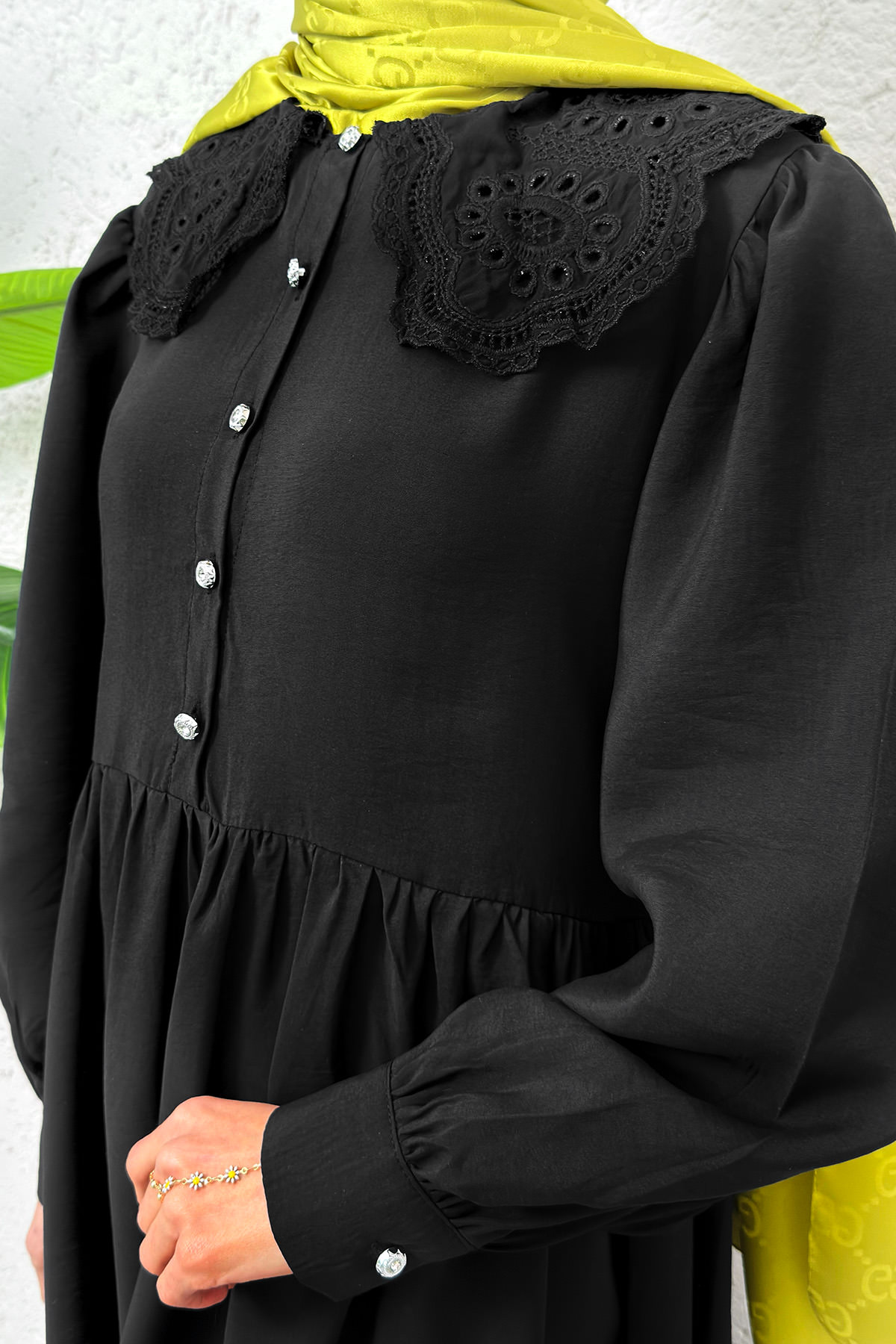 Dantel Yaka Modal Elbise 2258 - SİYAH |  