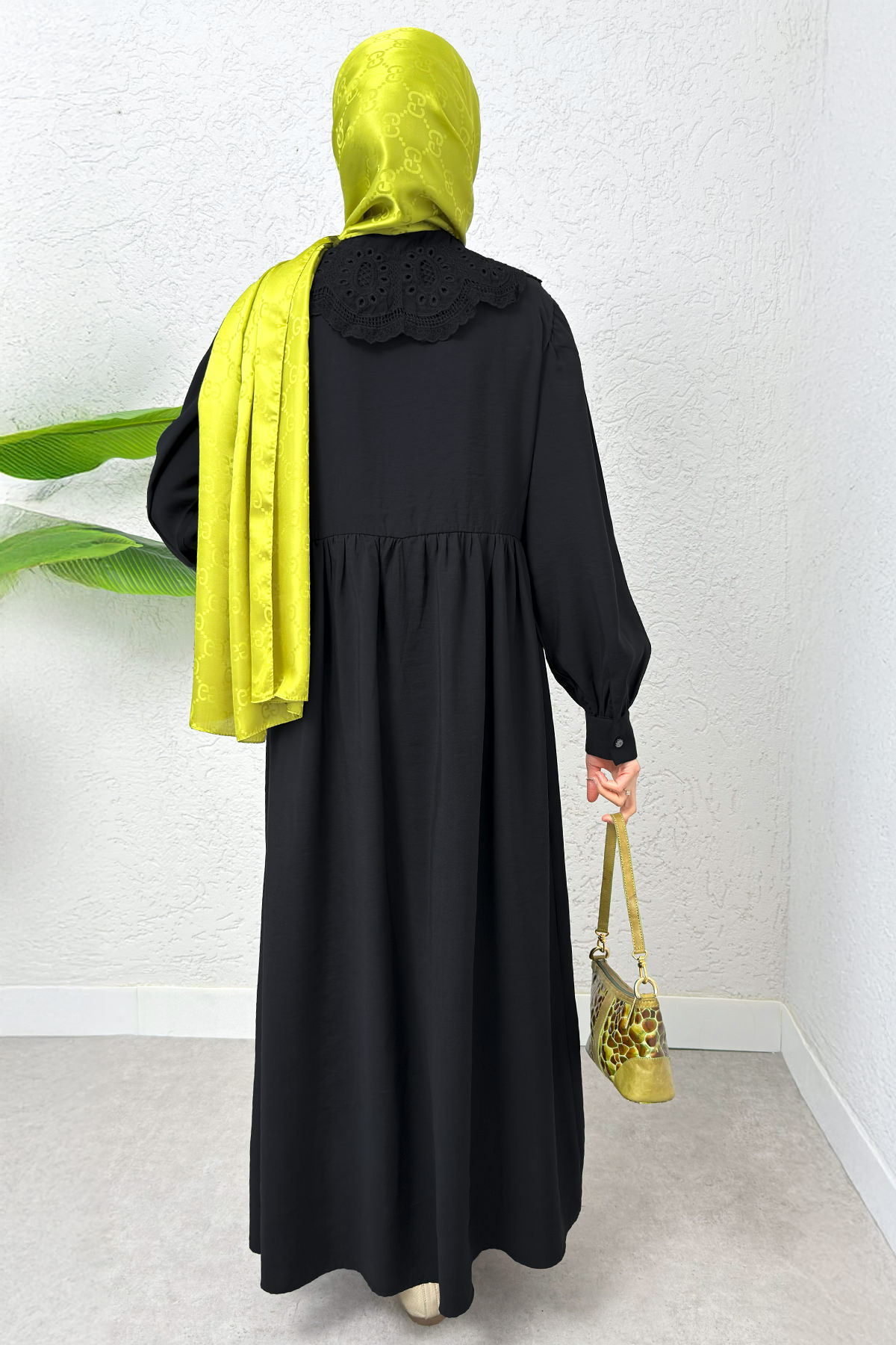 Dantel Yaka Modal Elbise 2258 - SİYAH |  