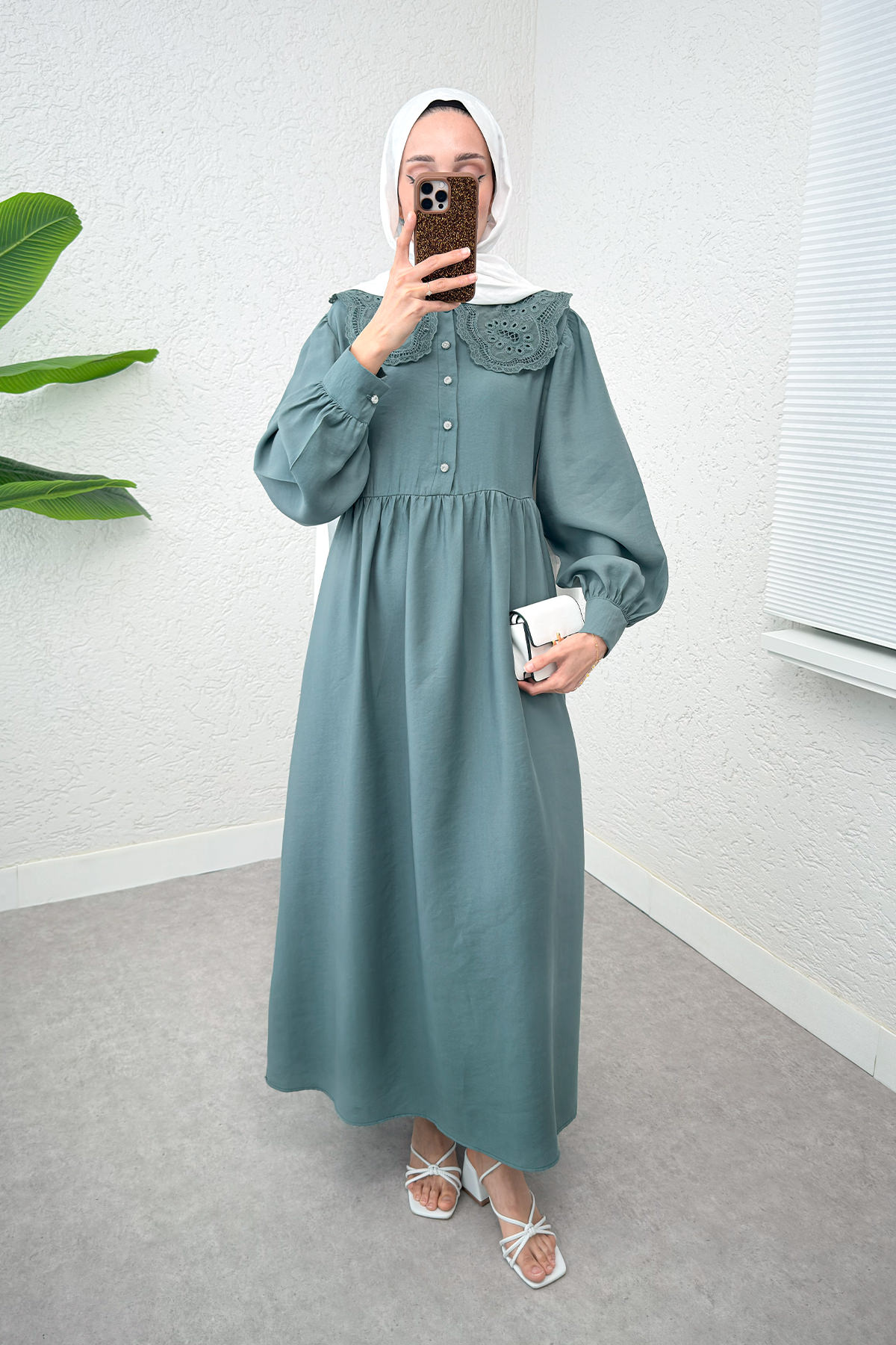 Dantel Yaka Modal Elbise 2258 - MİNT YEŞİLİ |  