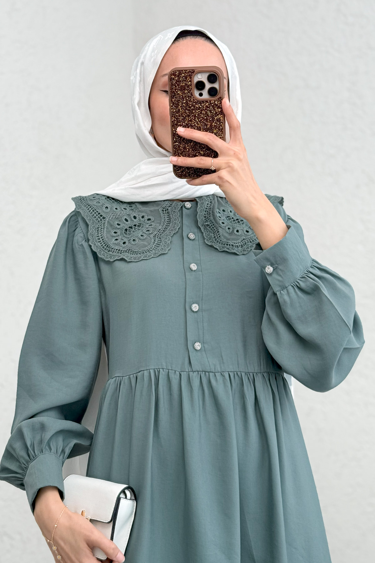 Dantel Yaka Modal Elbise 2258 - MİNT YEŞİLİ |  