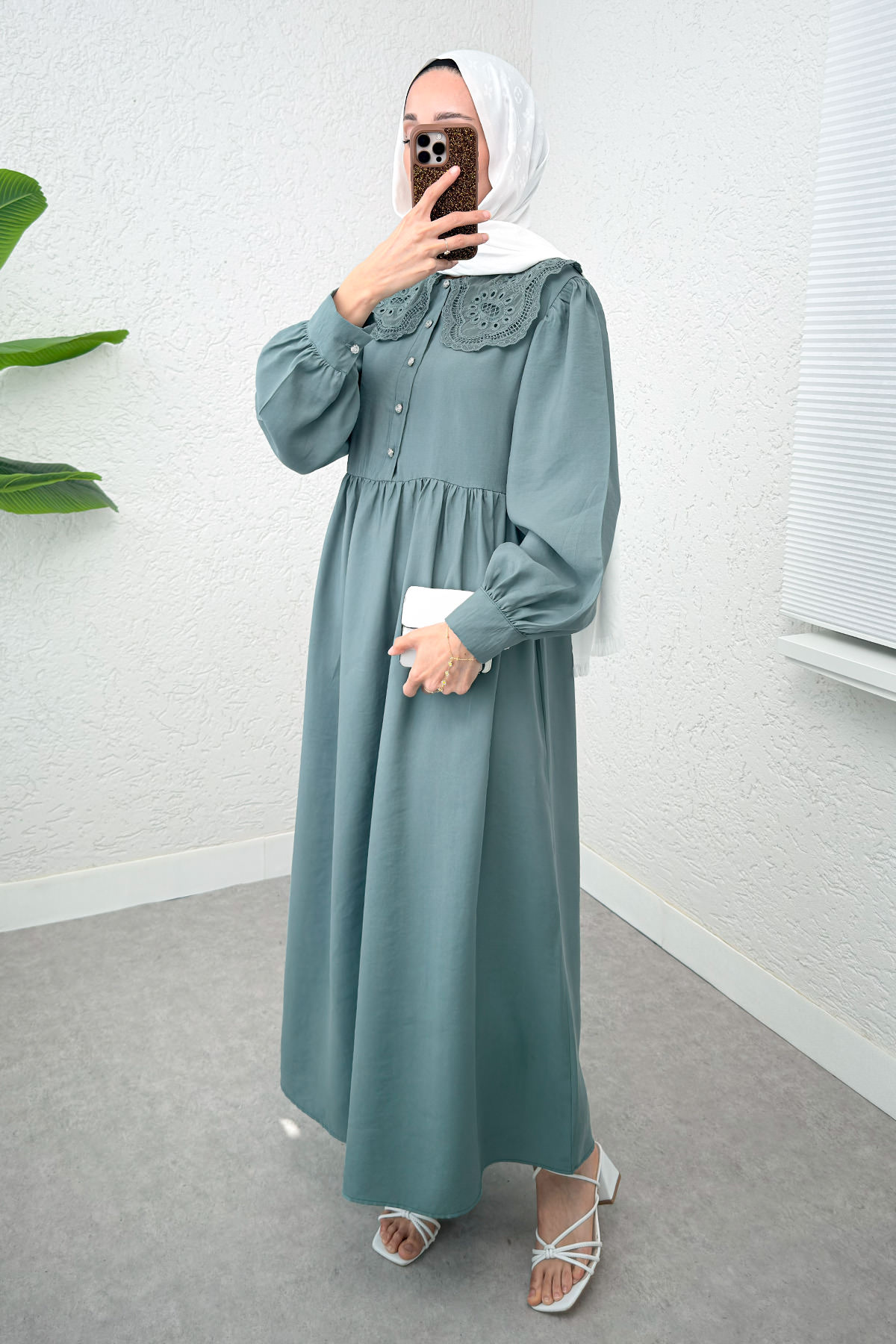 Dantel Yaka Modal Elbise 2258 - MİNT YEŞİLİ |  