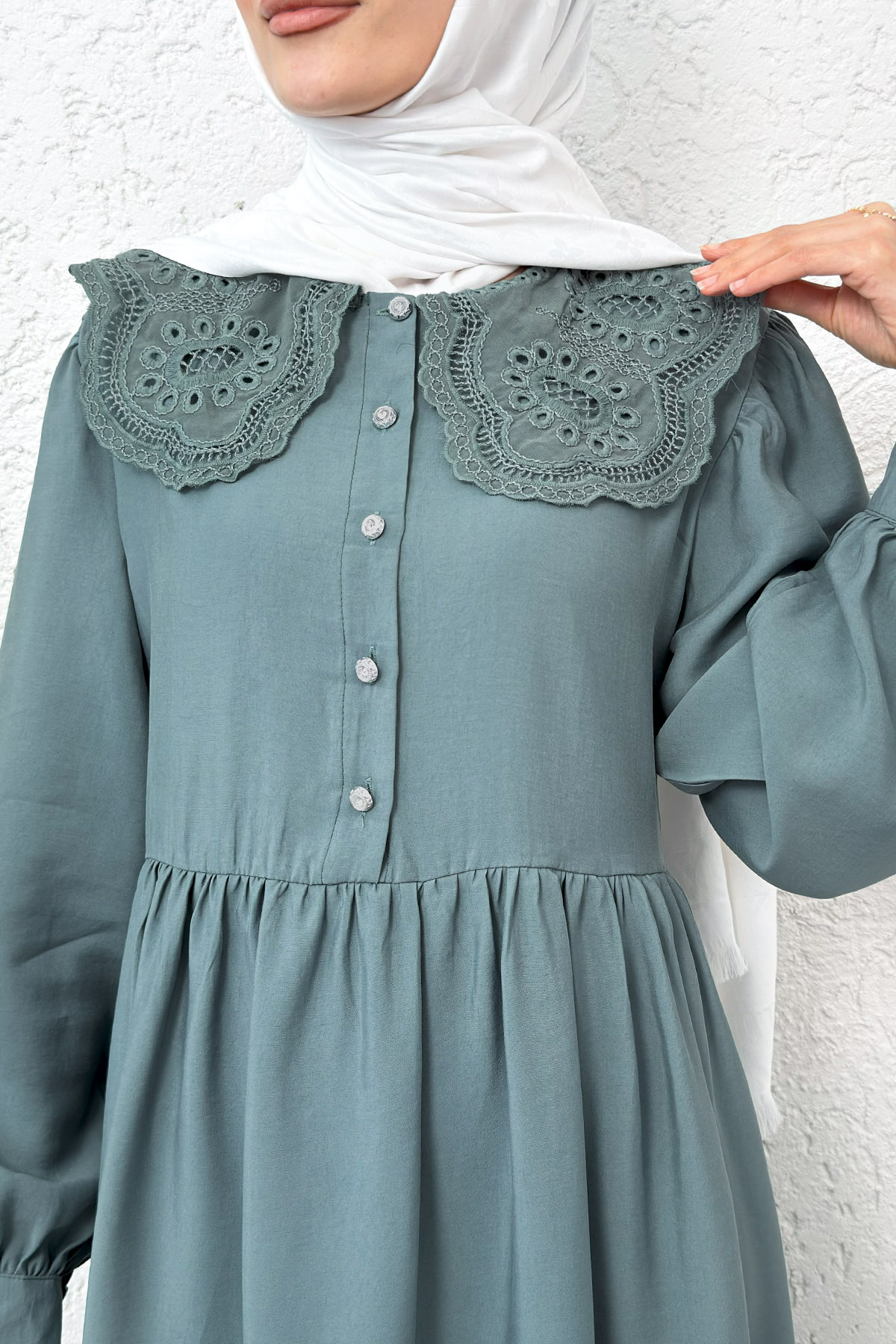 Dantel Yaka Modal Elbise 2258 - MİNT YEŞİLİ |  