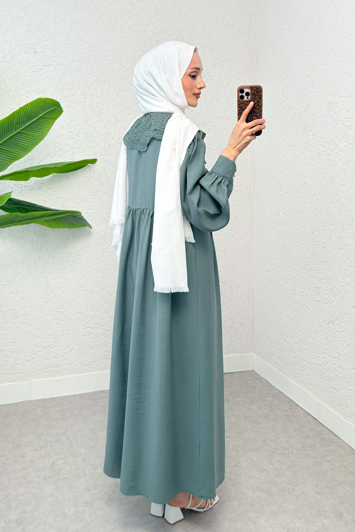 Dantel Yaka Modal Elbise 2258 - MİNT YEŞİLİ |  