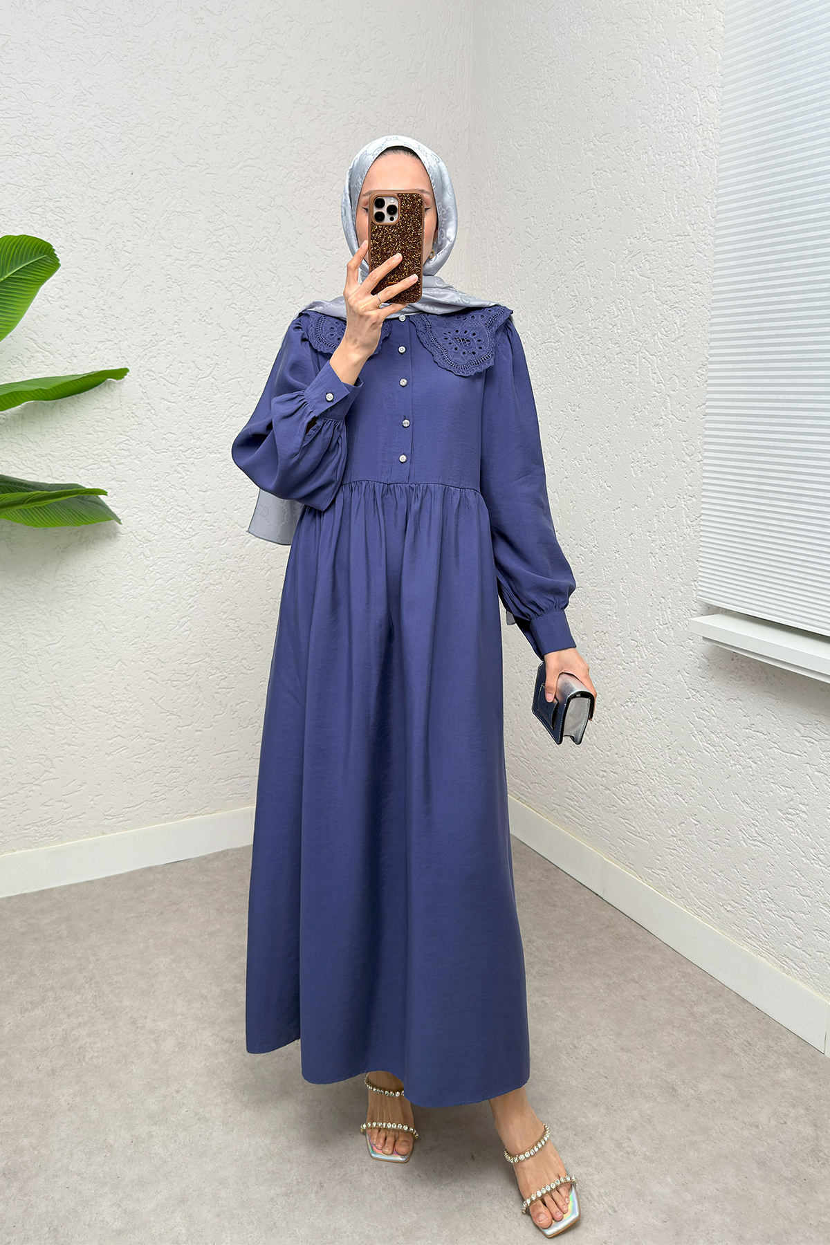 Dantel Yaka Modal Elbise 2258 - İNDİGO |  