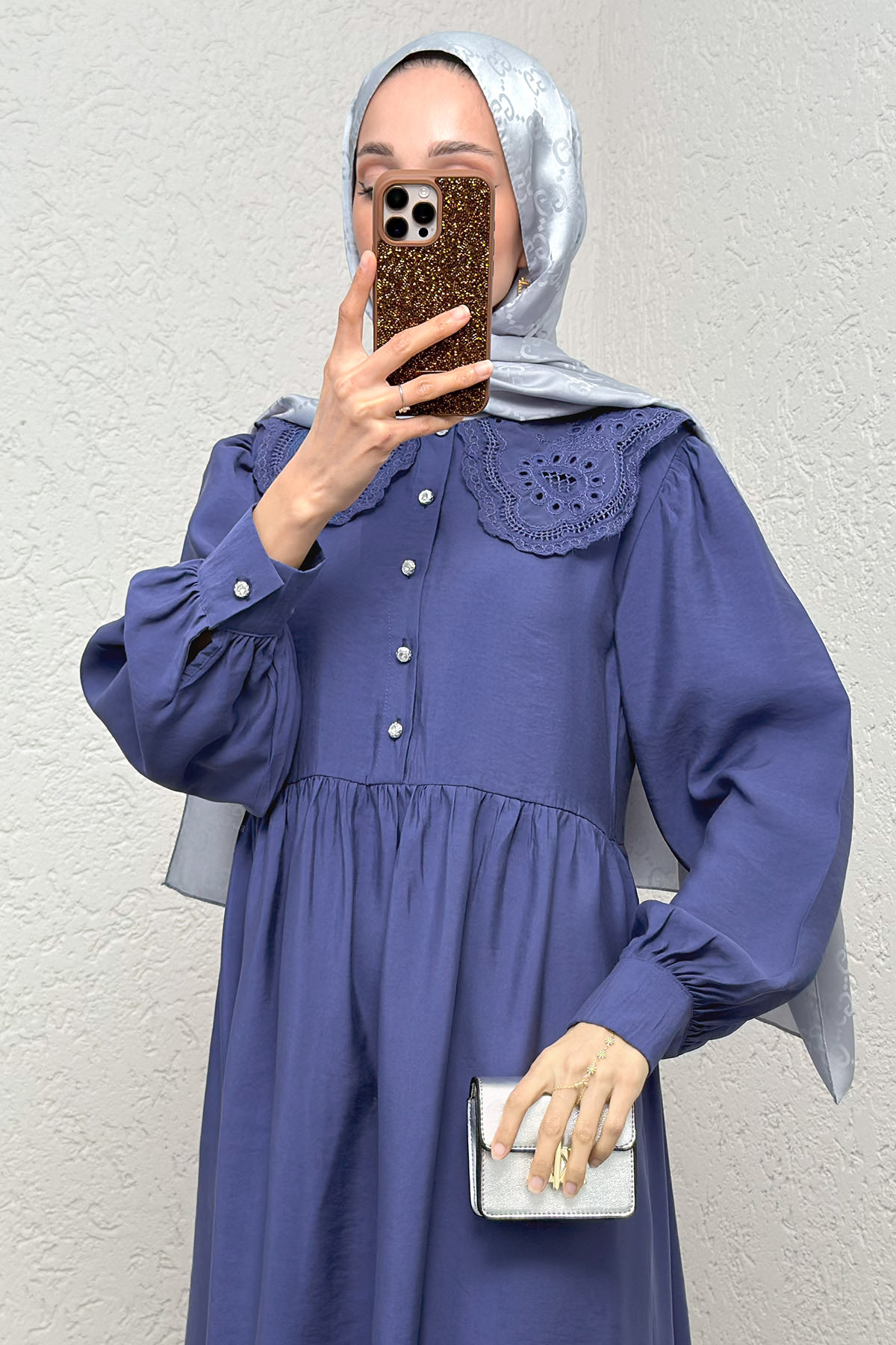 Dantel Yaka Modal Elbise 2258 - İNDİGO |  