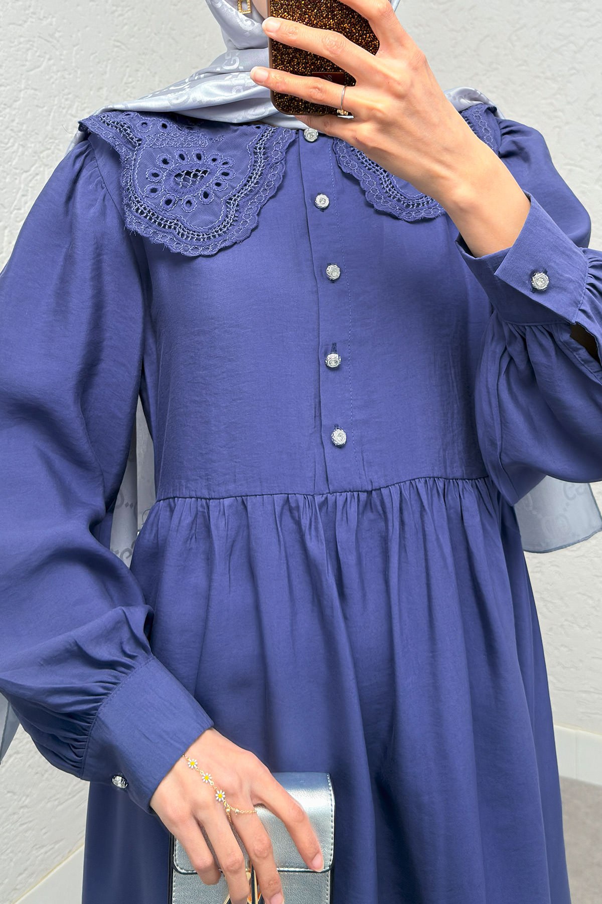 Dantel Yaka Modal Elbise 2258 - İNDİGO |  