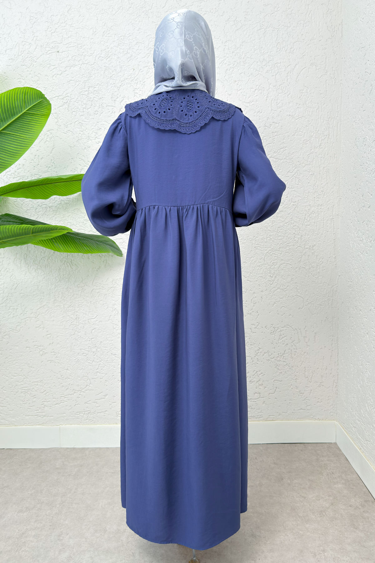 Dantel Yaka Modal Elbise 2258 - İNDİGO |  