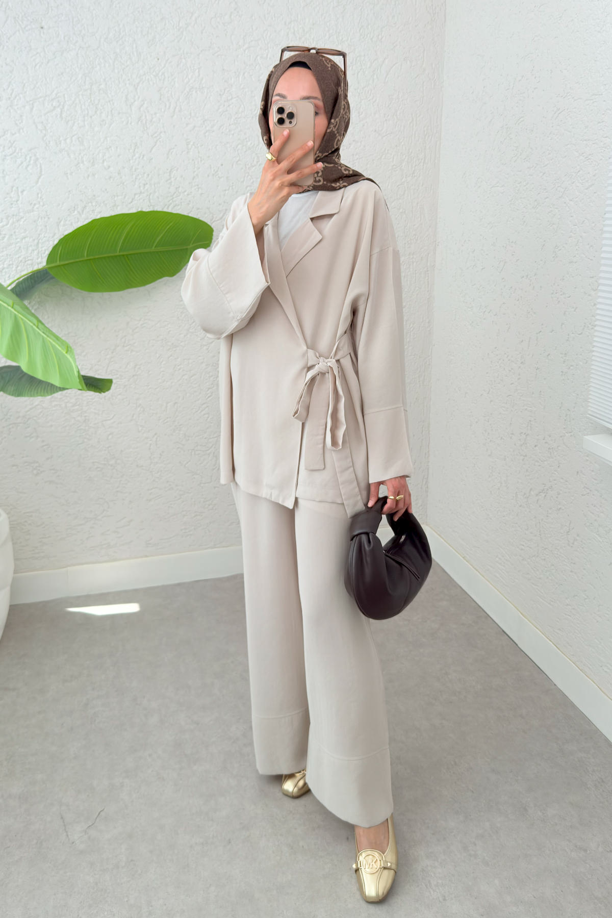 Ceket Yaka İkili Kombin 2301 - TAŞ RENGİ |  