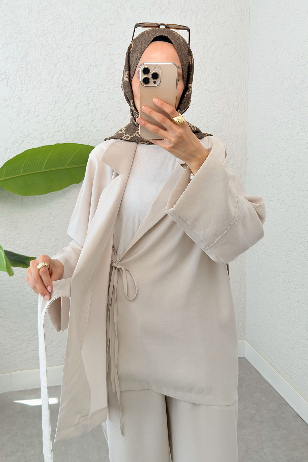 Ceket Yaka İkili Kombin 2301 - TAŞ RENGİ |  