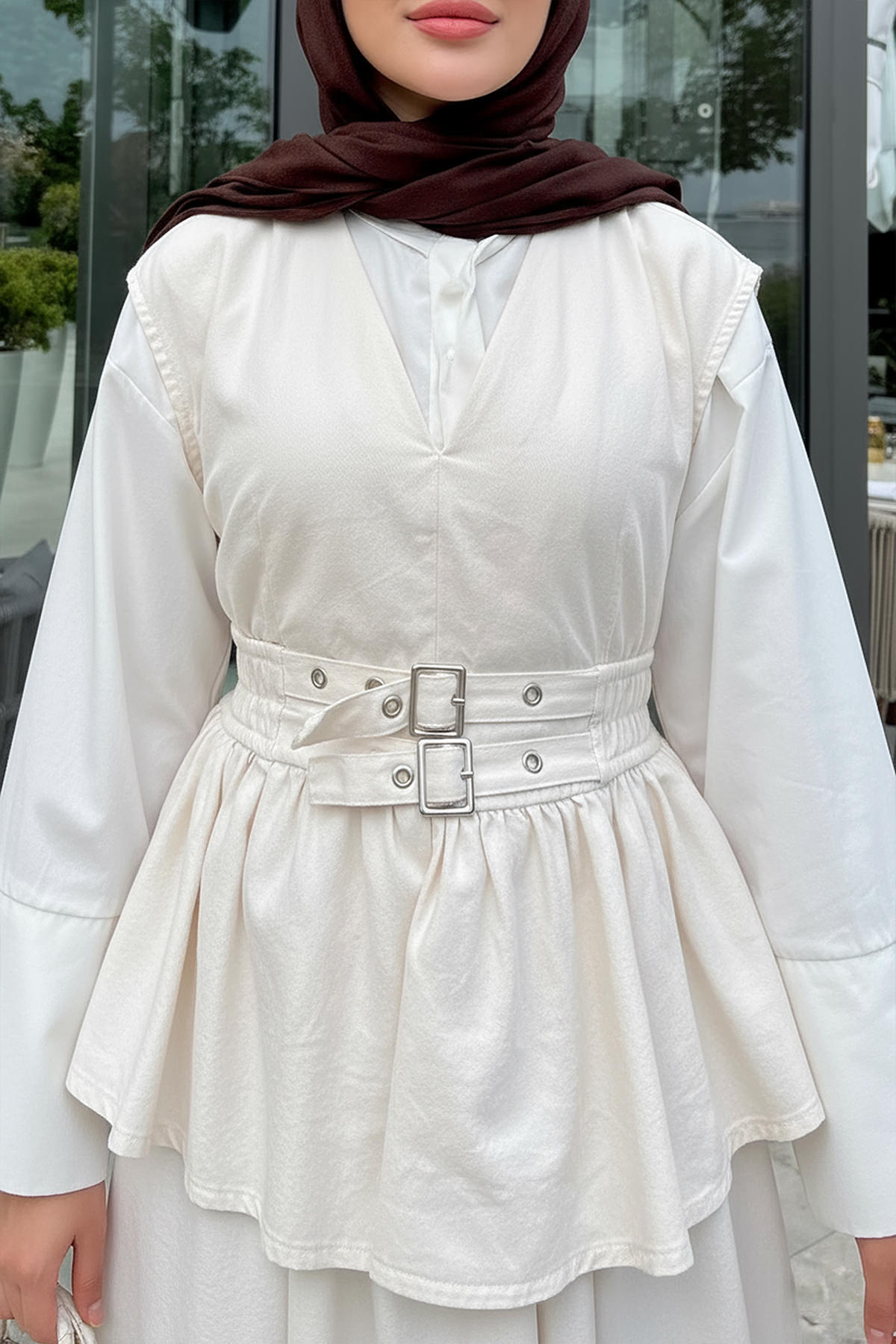 Tokalı Yelekli Denim Takım 7165 - EKRU |  